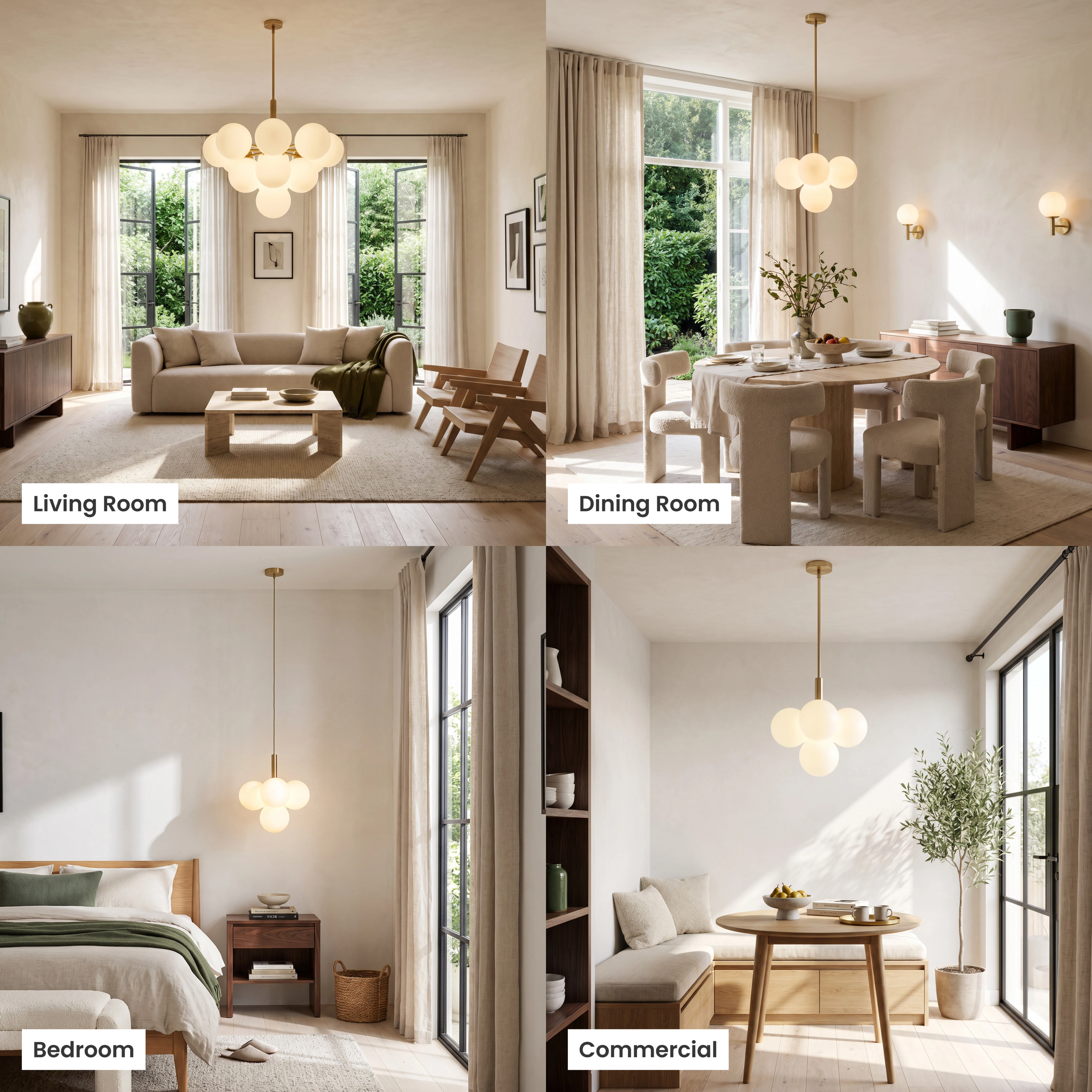 Angelica gold pendant, cluster of four white opal-glass globes on a brass rod, shown in four room settings