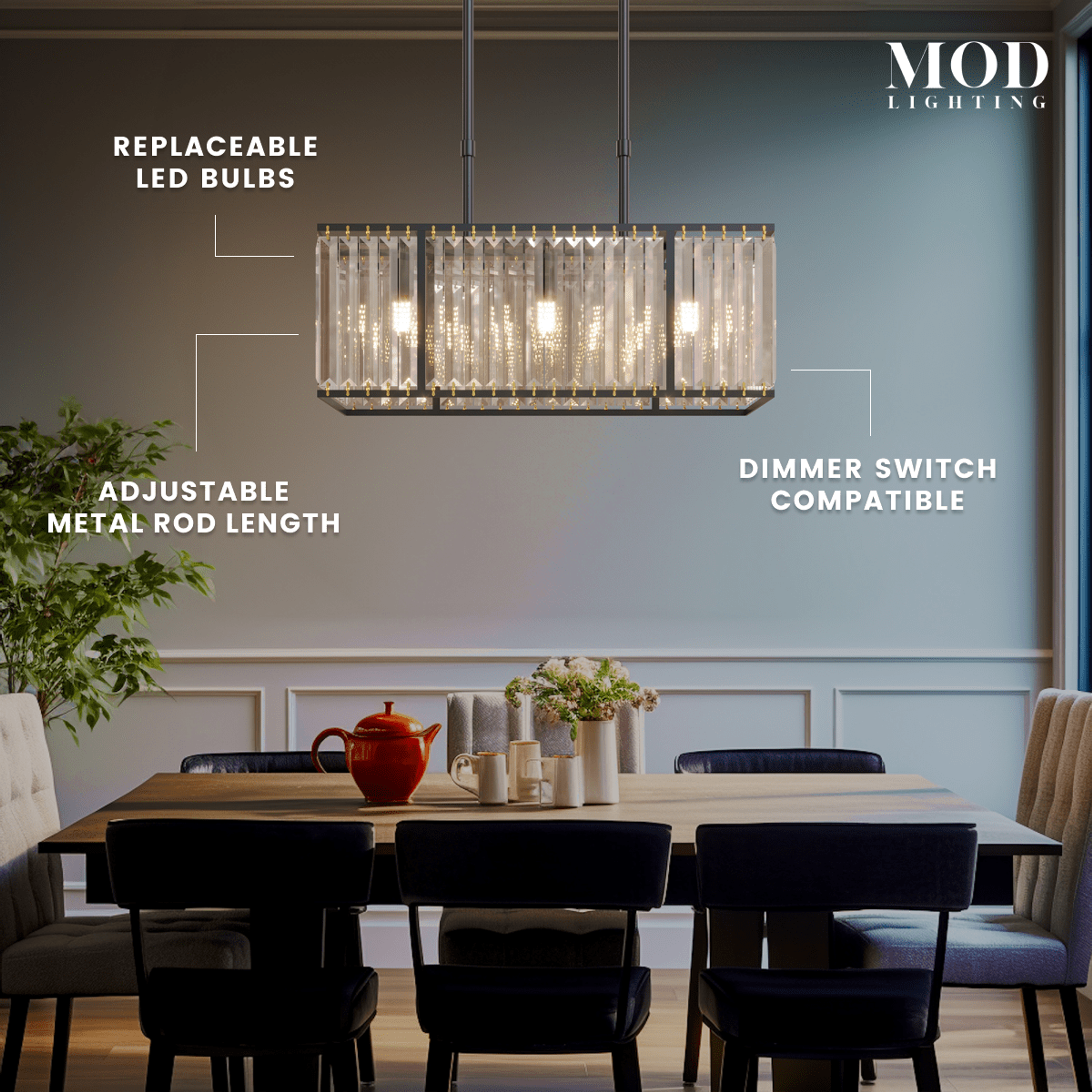 Gabriella black rectangular crystal-bar chandelier over a dining table, with feature callouts for its parts