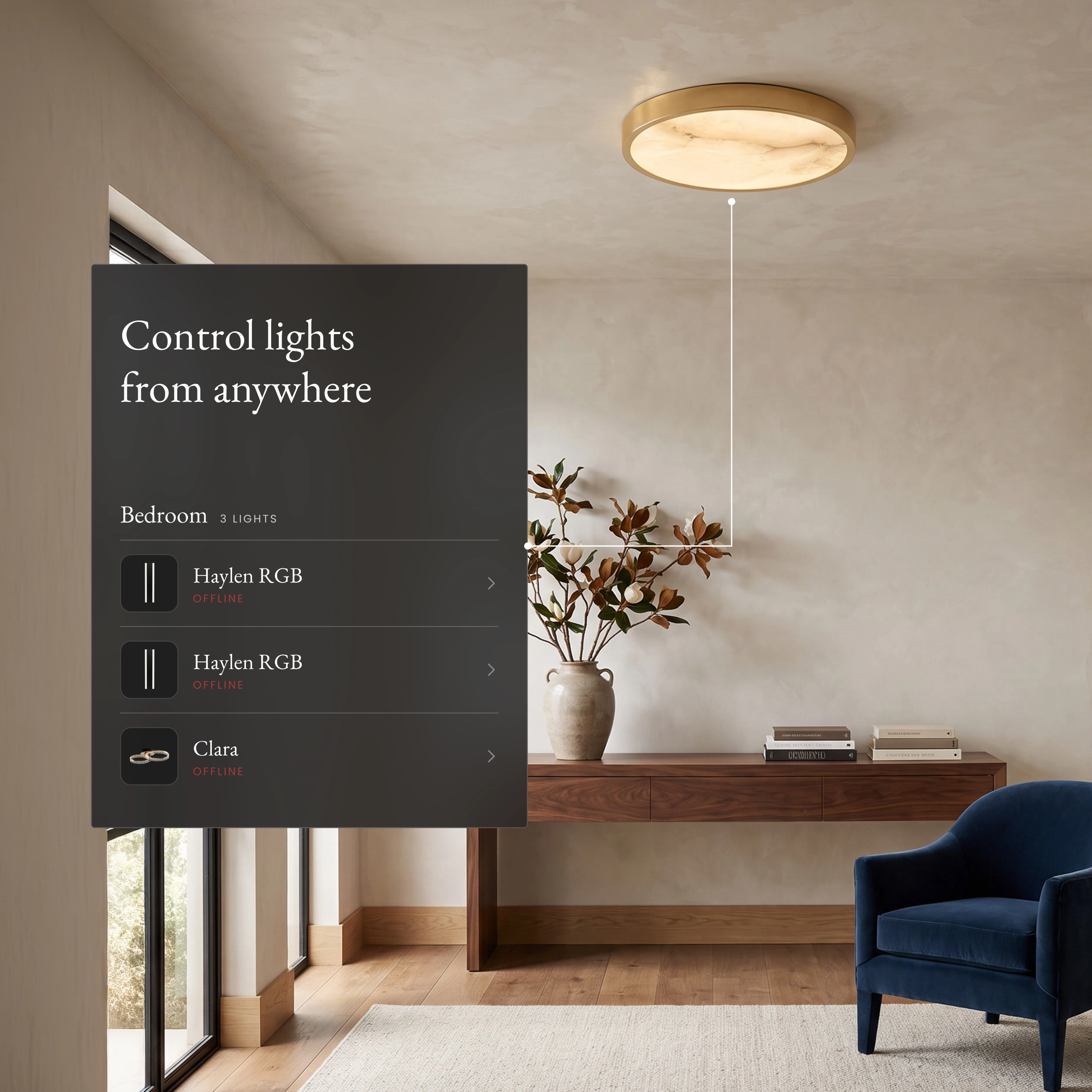 Celia Smart alabaster ceiling light in a living room beside an app panel controlling lights from anywhere