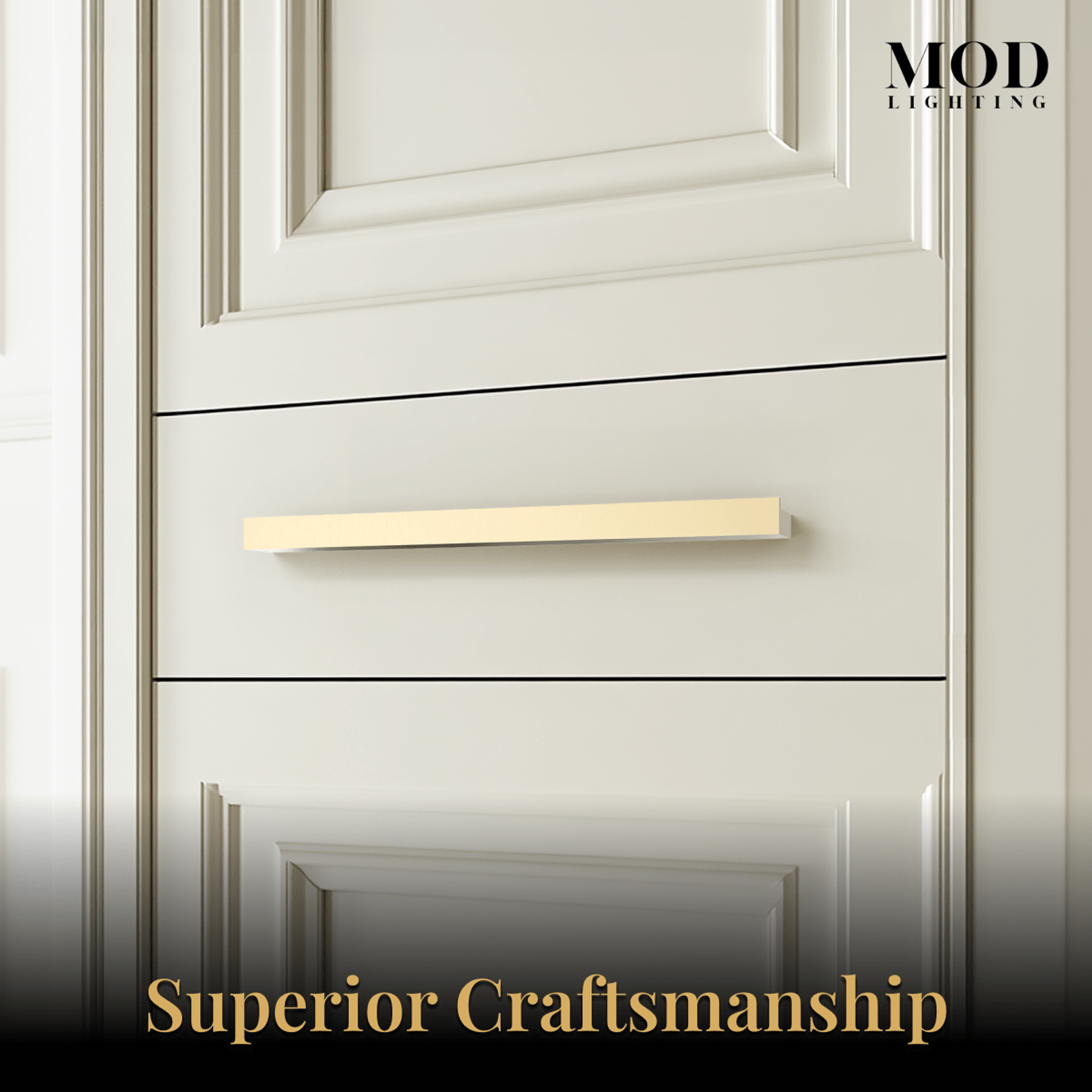 Innis brushed-gold cabinet pull mounted on a cream drawer front, close view, captioned superior craftsmanship