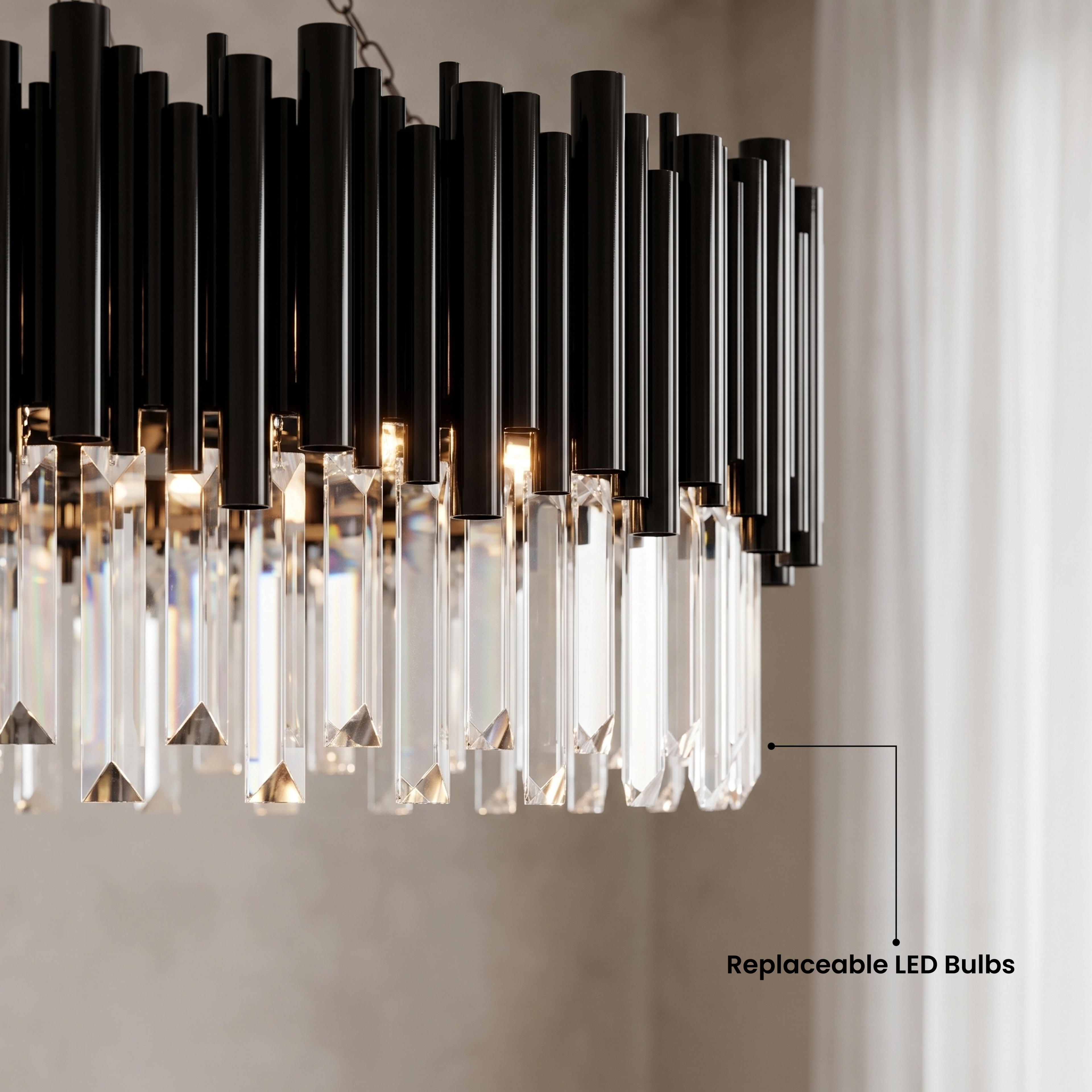 Obsidian crystal chandelier X-Small dimension diagram, 18" length, 15" height, chain-hung, 4.7" base