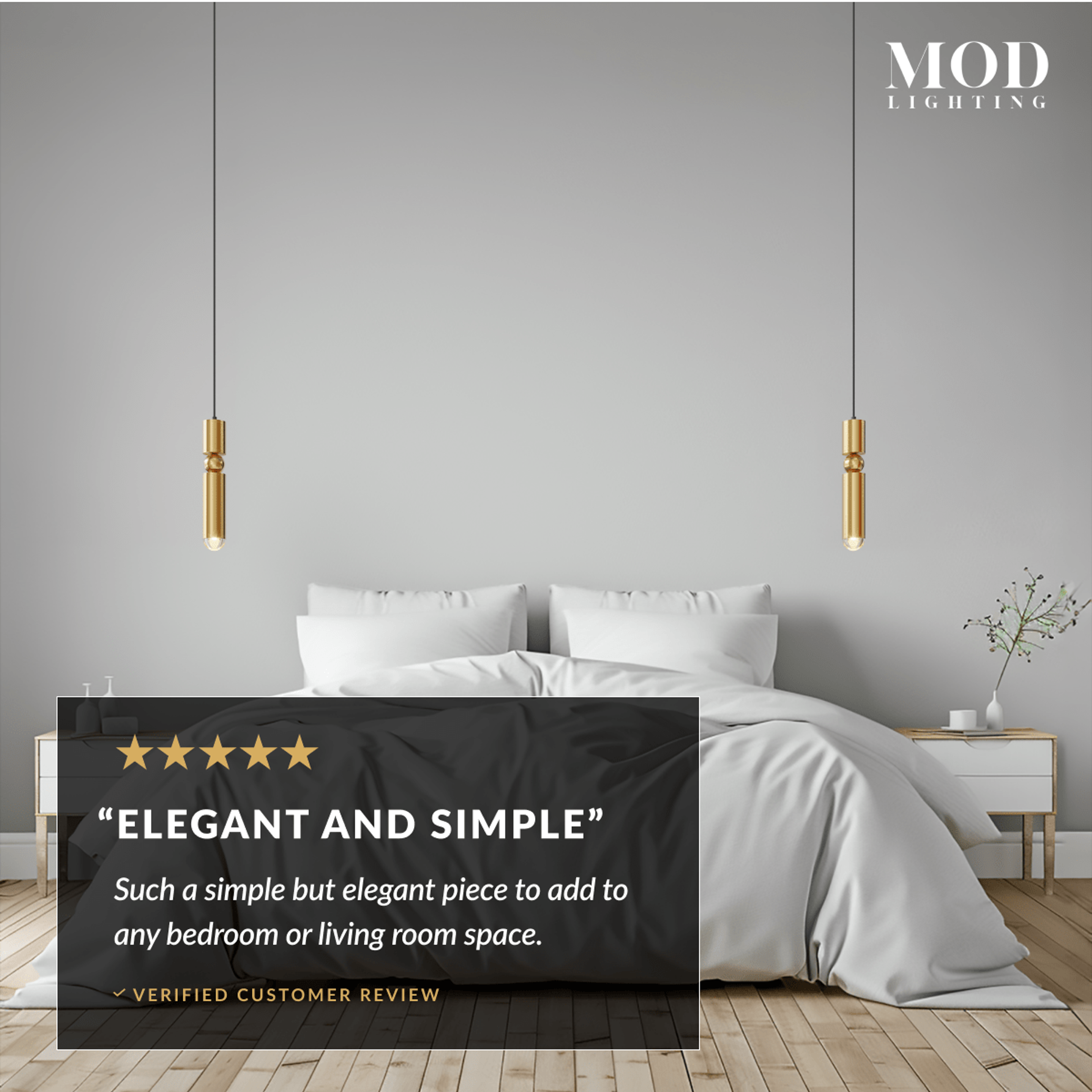 Jetta slim gold cylindrical pendants flanking a bed, with a five-star verified customer review overlay