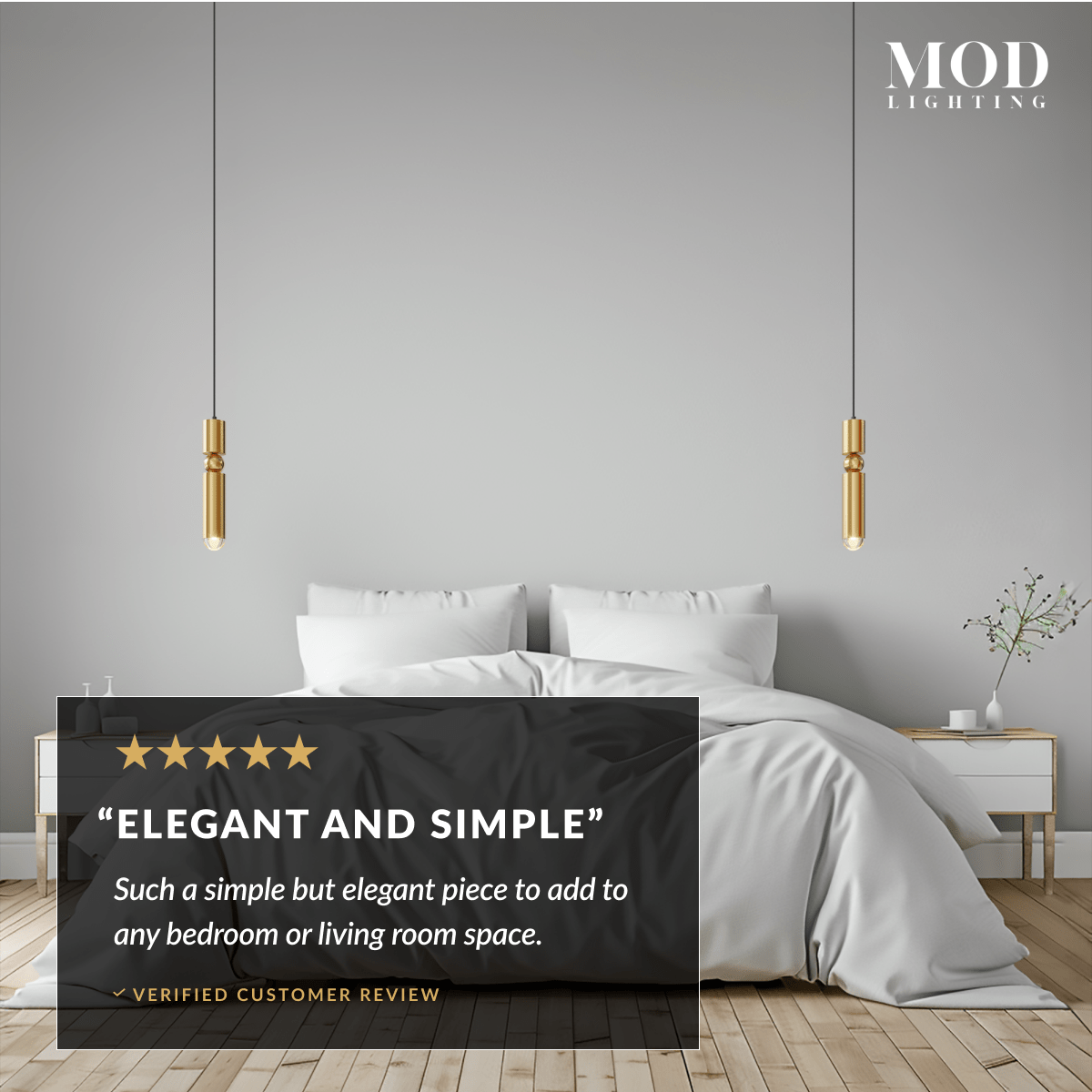 Jetta slim gold cylindrical pendants flanking a bed, with a five-star verified customer review overlay