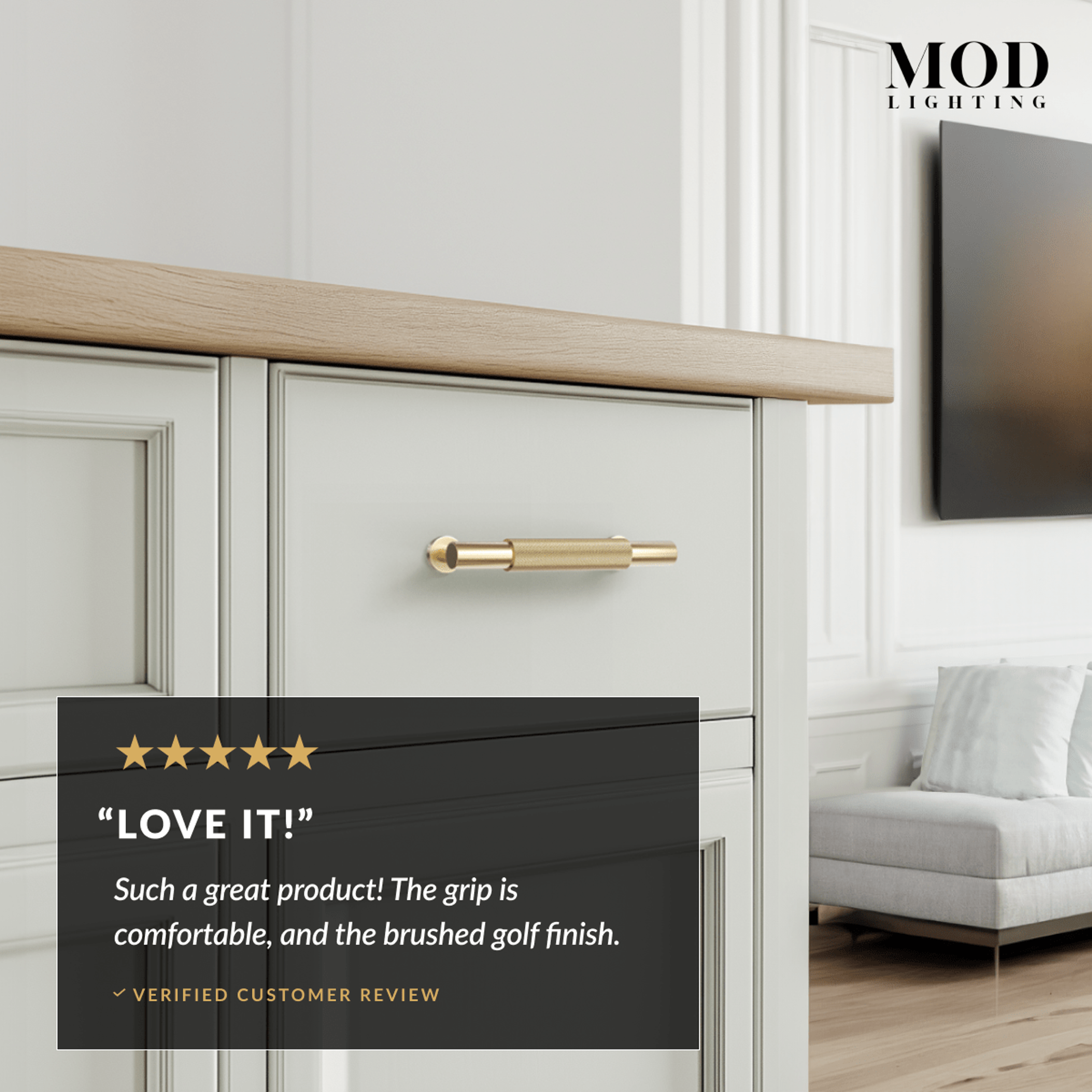 Wellesley brushed-gold cabinet pull mounted vertically on a light kitchen drawer, with a five-star customer review card