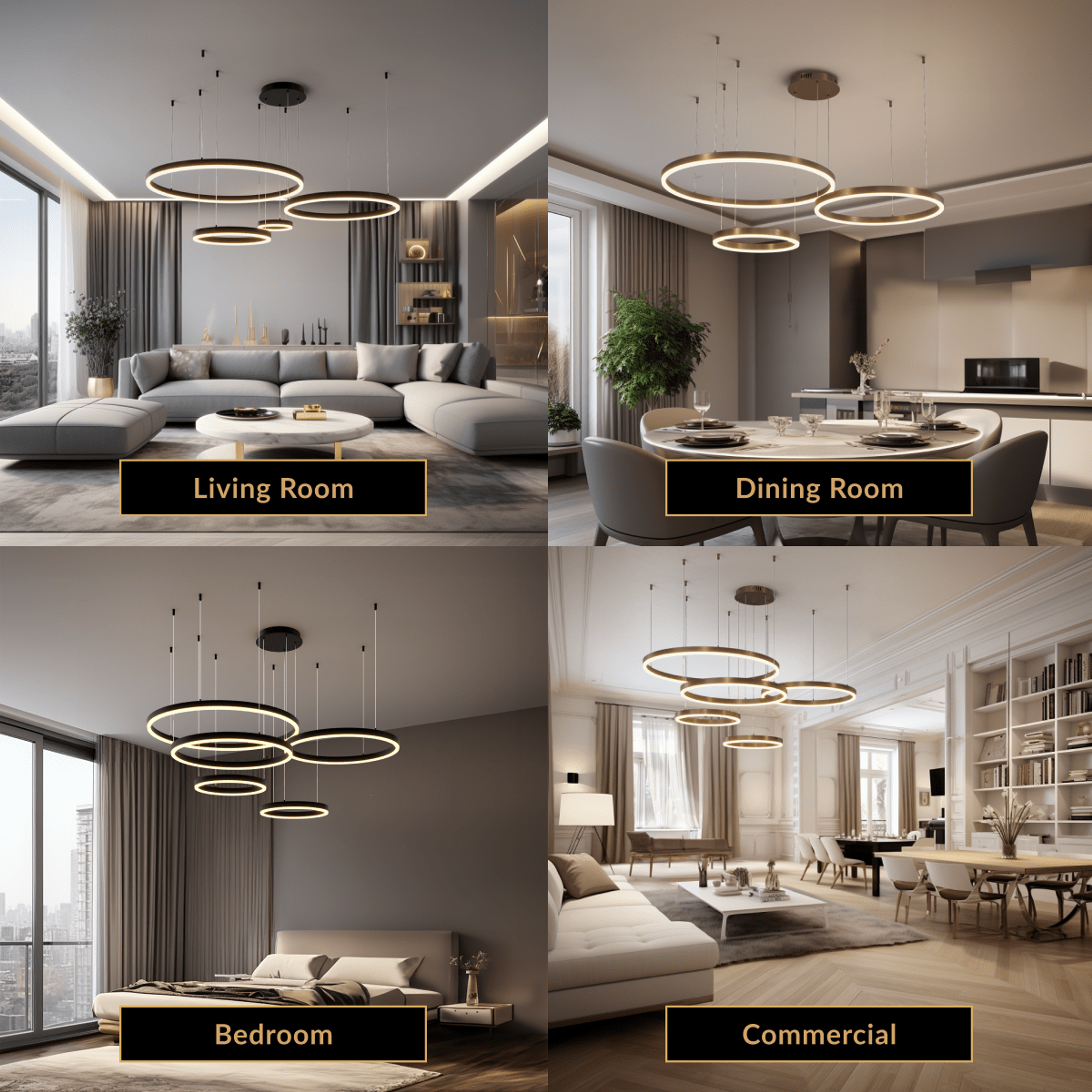 Charlotte chandelier, tiered concentric black-and-gold LED rings suspended over a living, dining and bedroom