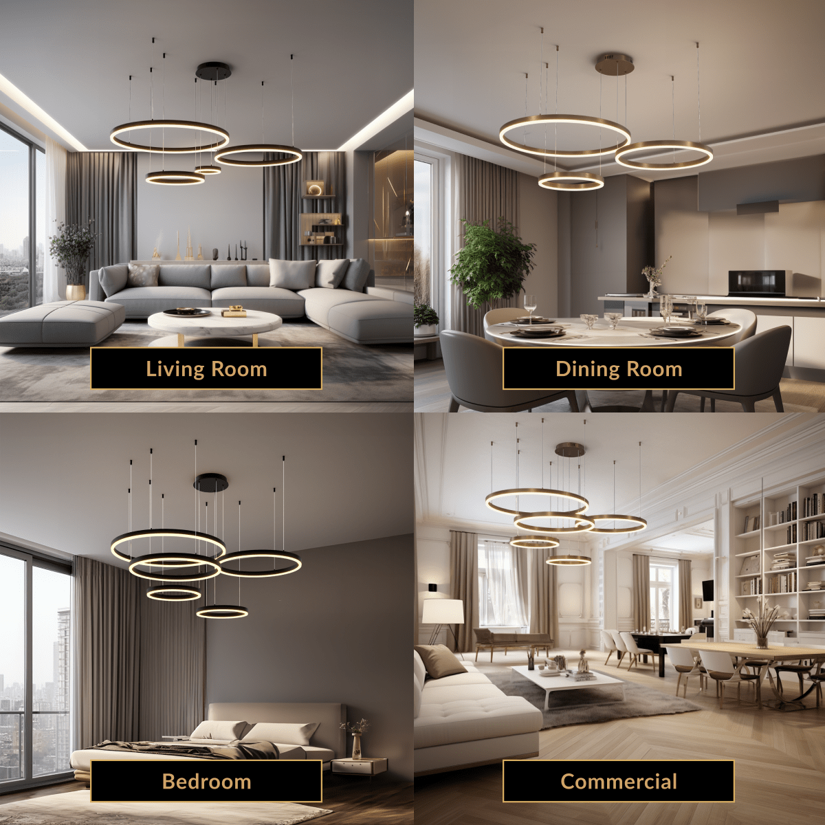 Charlotte chandelier, tiered concentric black-and-gold LED rings suspended over a living, dining and bedroom