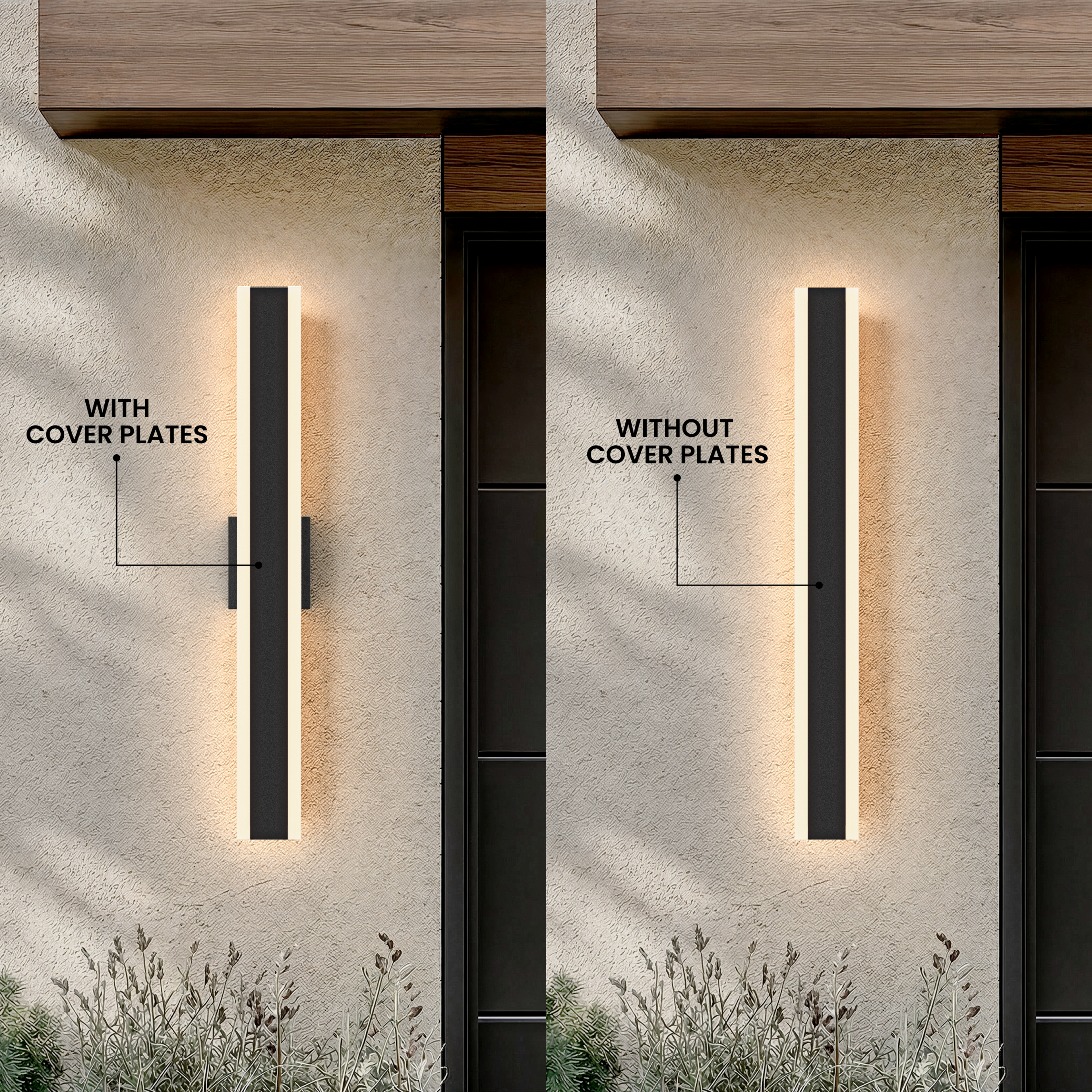 Haylen black linear LED wall light shown with and without cover plates on an exterior wall