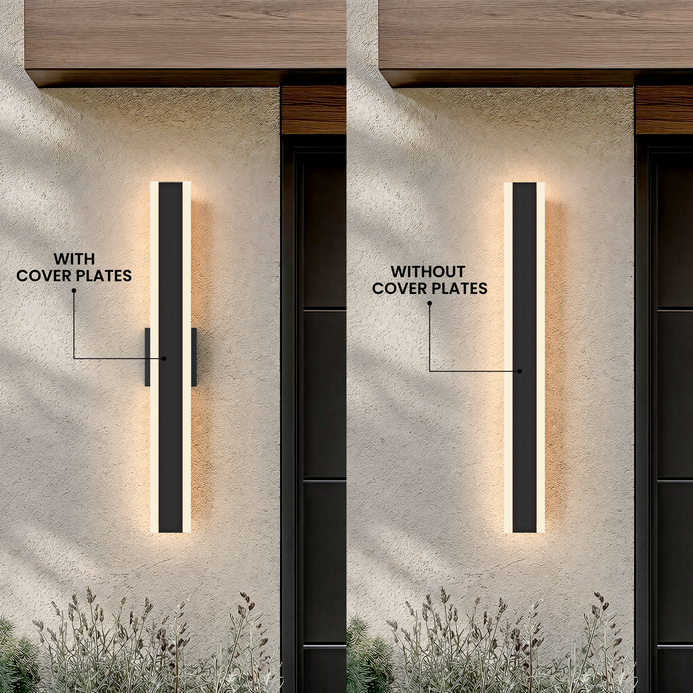 Haylen black linear LED wall light shown with and without cover plates on an exterior wall