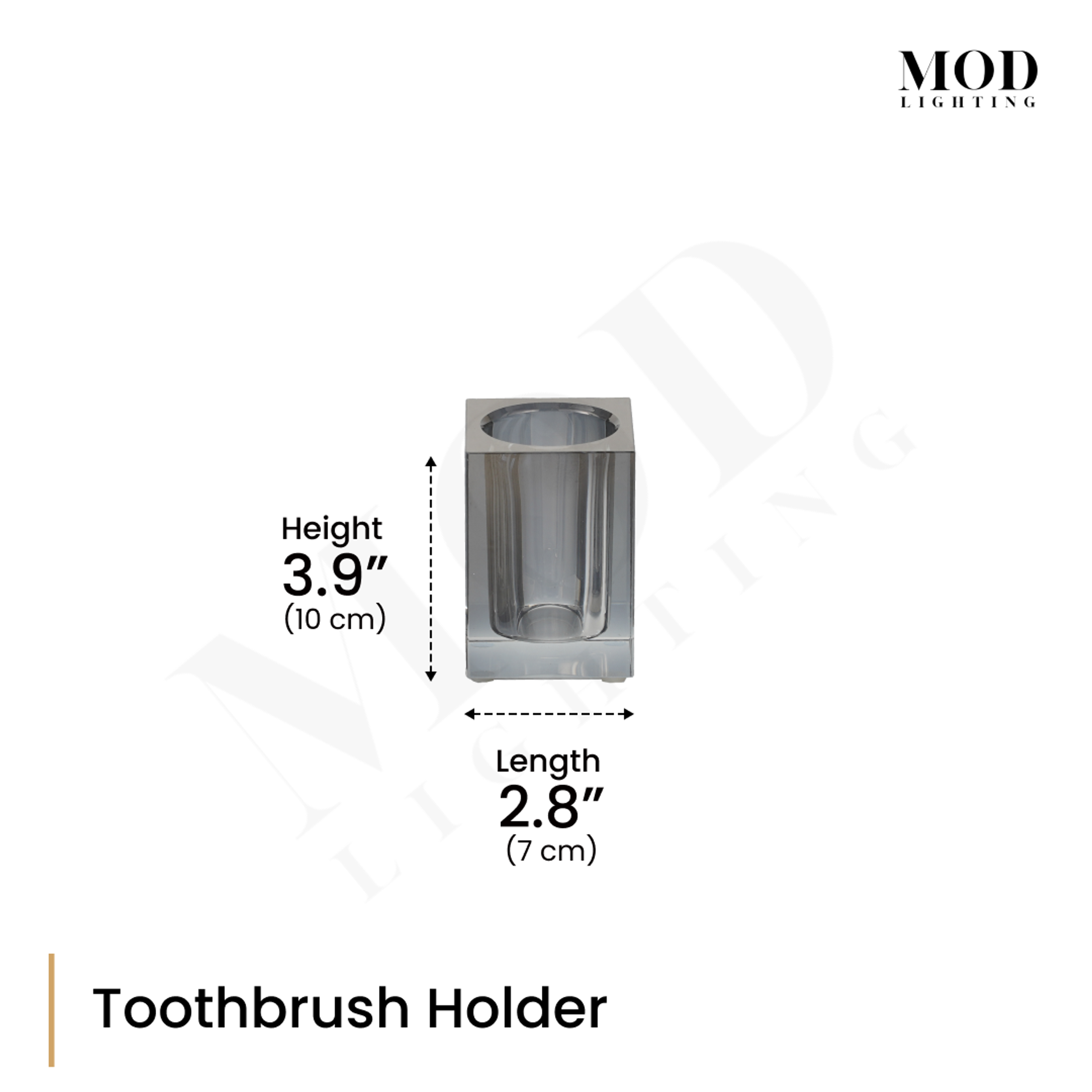 Moonlit Crystal Bath Set toothbrush holder, dimension diagram of the smoky crystal cube: 3.9 in high, 2.8 in wide