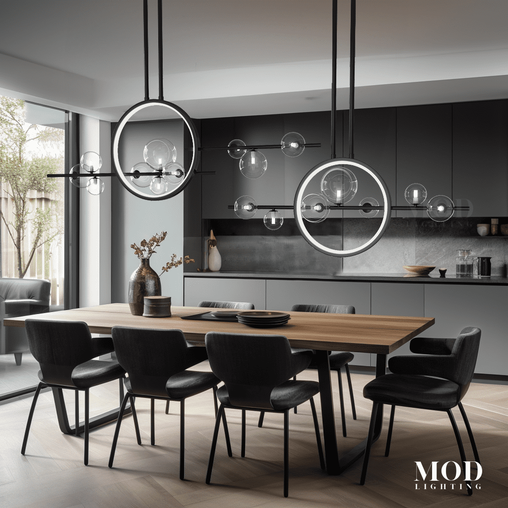 Hailey chandelier, black linear frame with clear glass globes and two rings, over a kitchen dining table