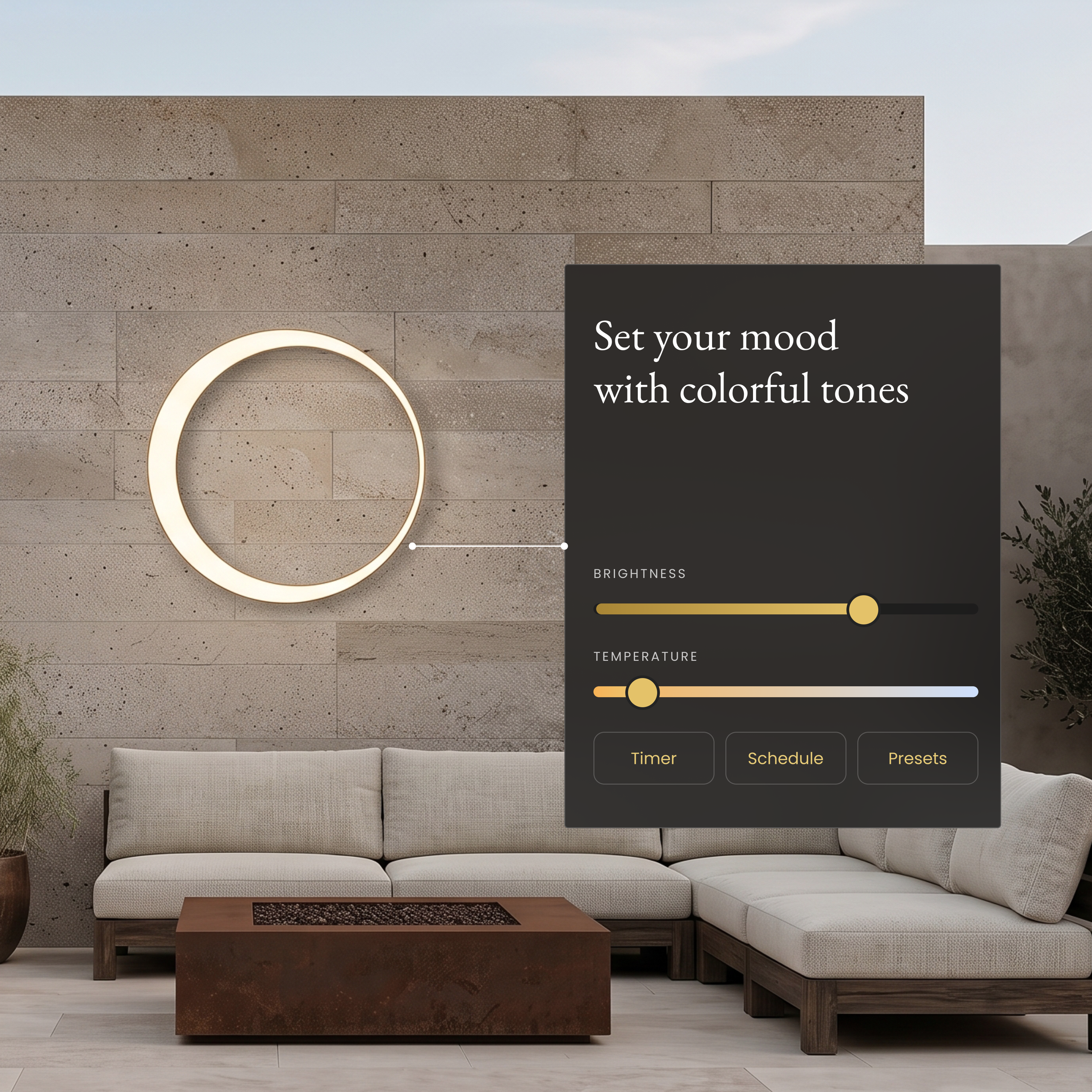 Gleam Smart round LED wall light above outdoor seating beside an app panel for brightness and color temperature