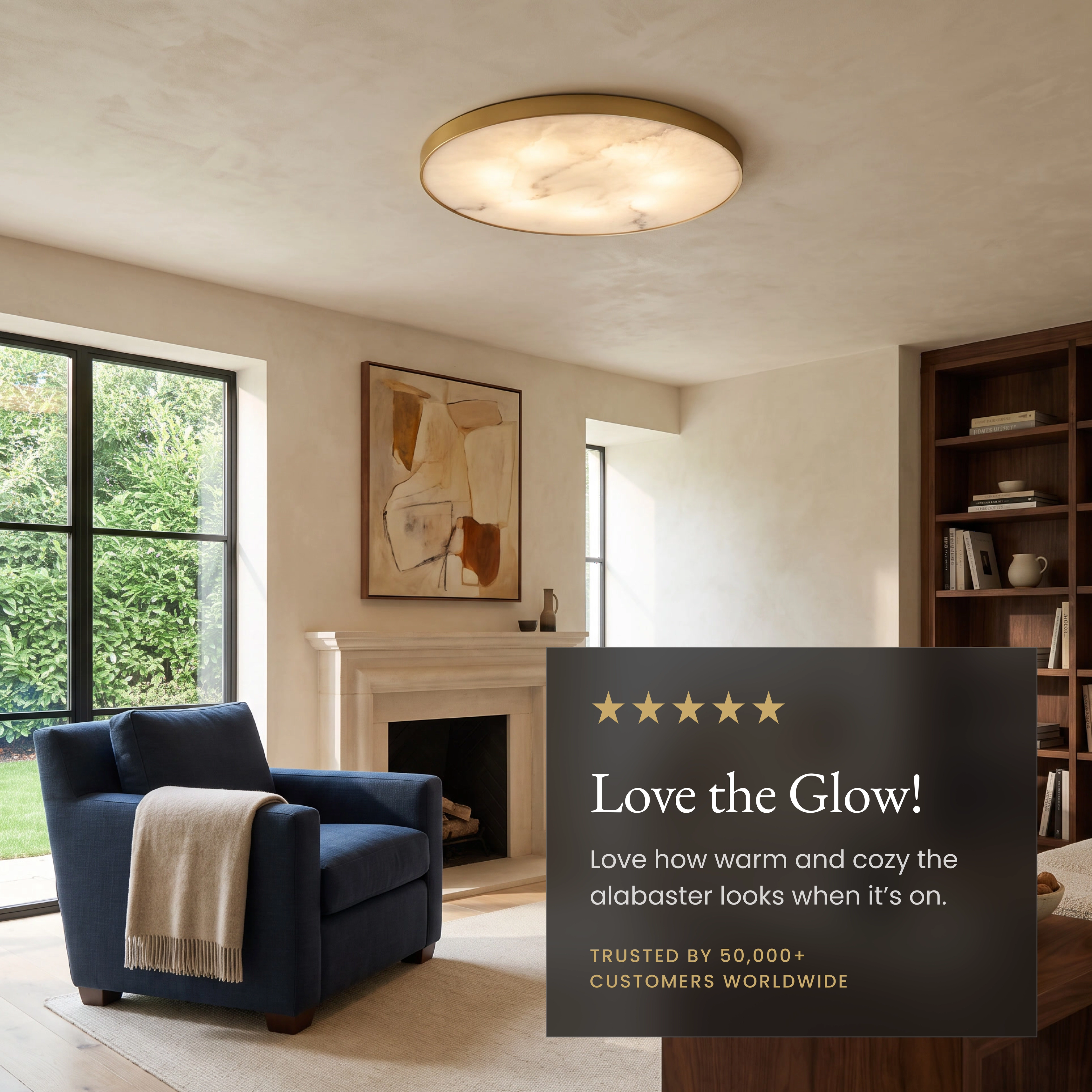 Celia gold round alabaster flush-mount ceiling light on a high ceiling above a dining table