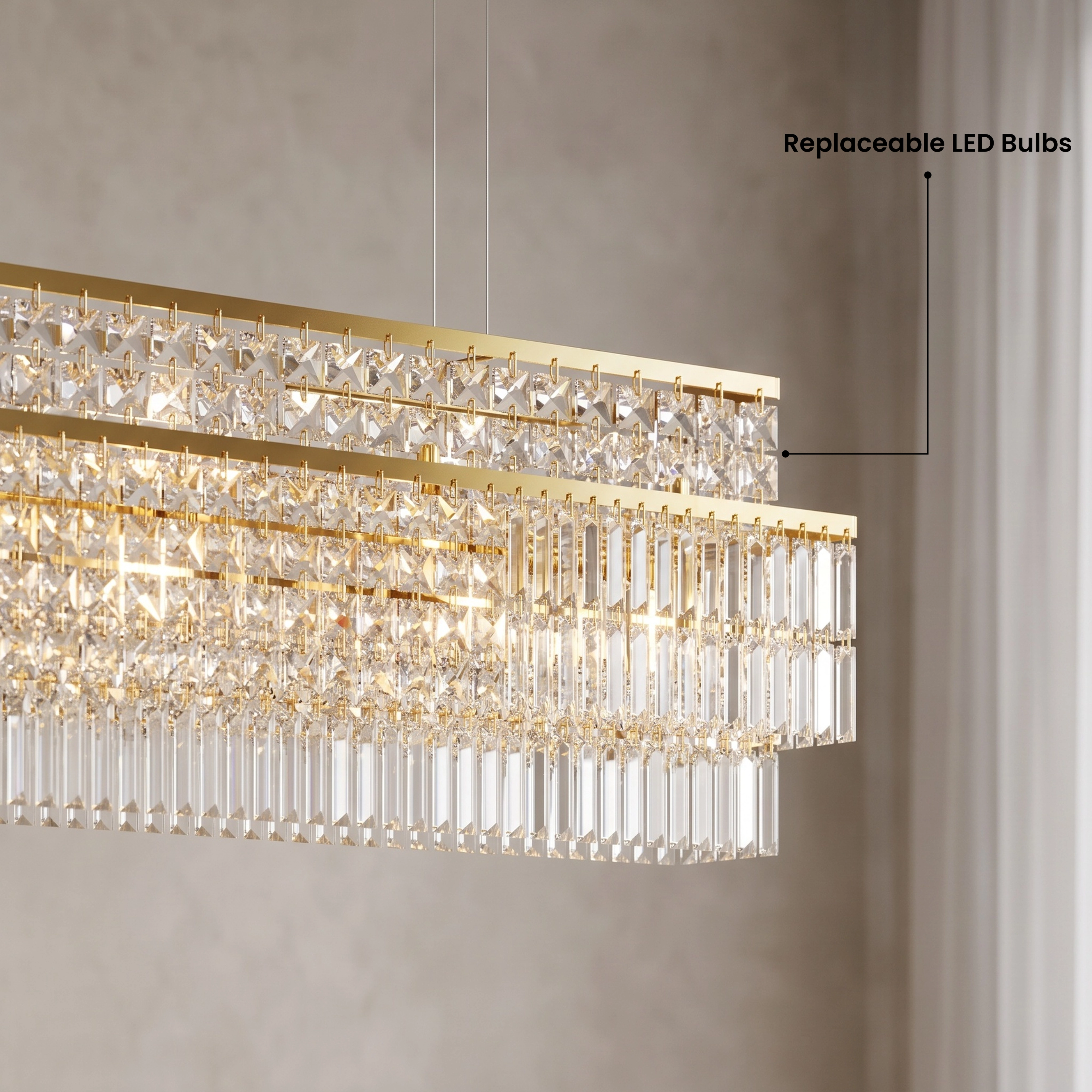 Krystal gold rectangular crystal chandelier over a dining table; available in two sizes and two finishes