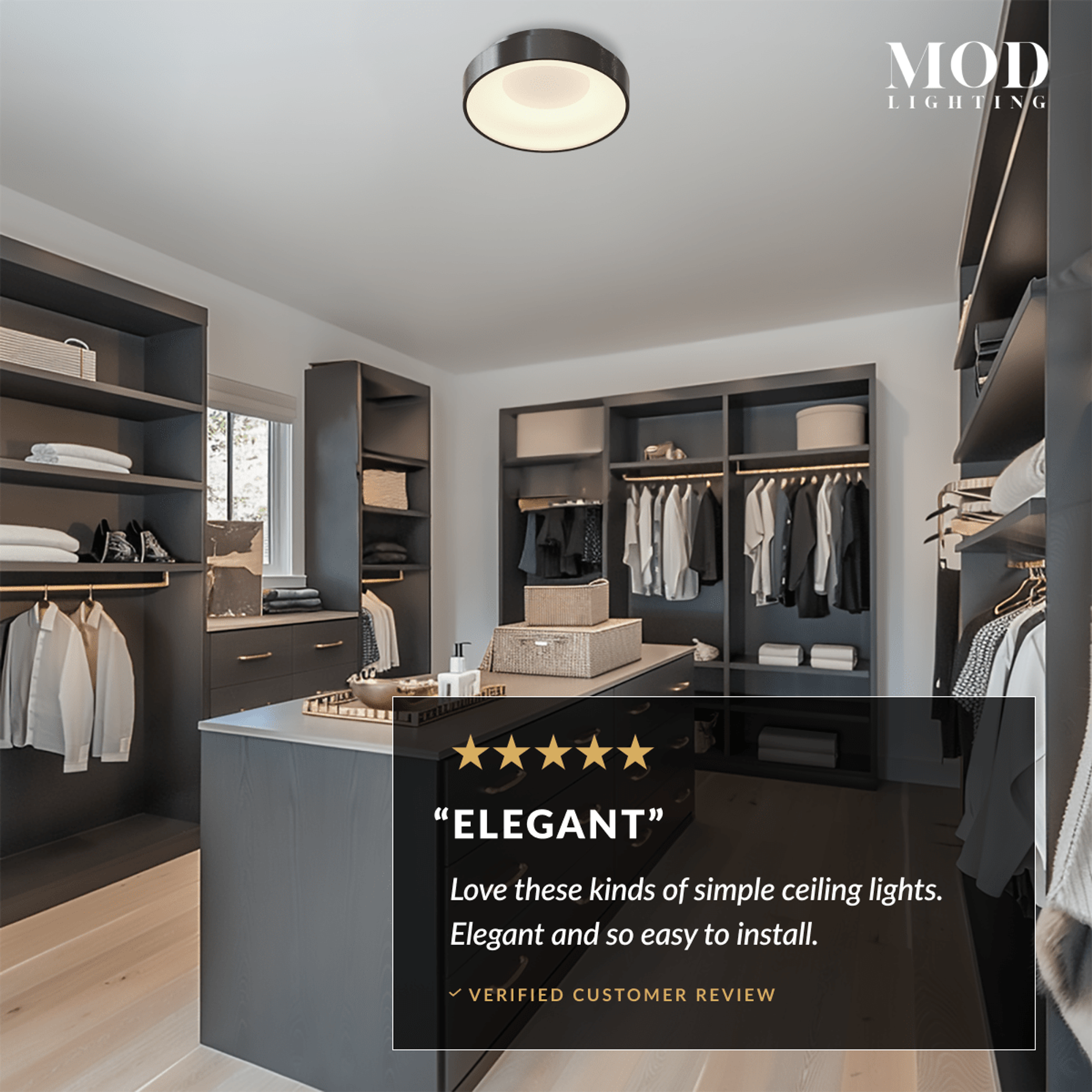 Bryce black round LED flush-mount ceiling light on a dark walk-in closet ceiling, with a customer review overlay