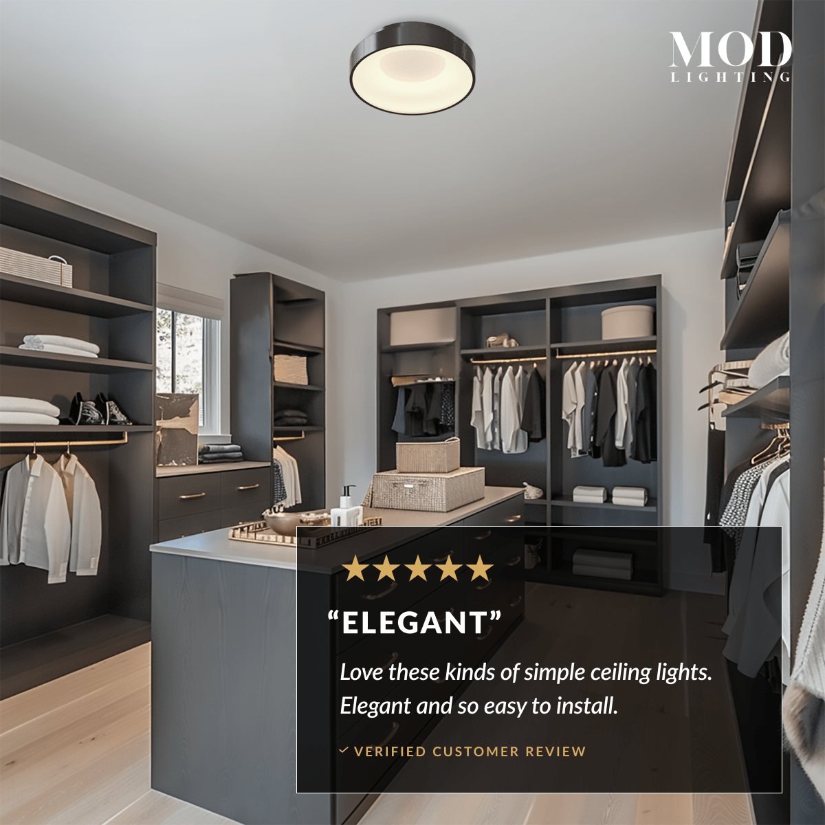 Bryce black round LED flush-mount ceiling light on a dark walk-in closet ceiling, with a customer review overlay