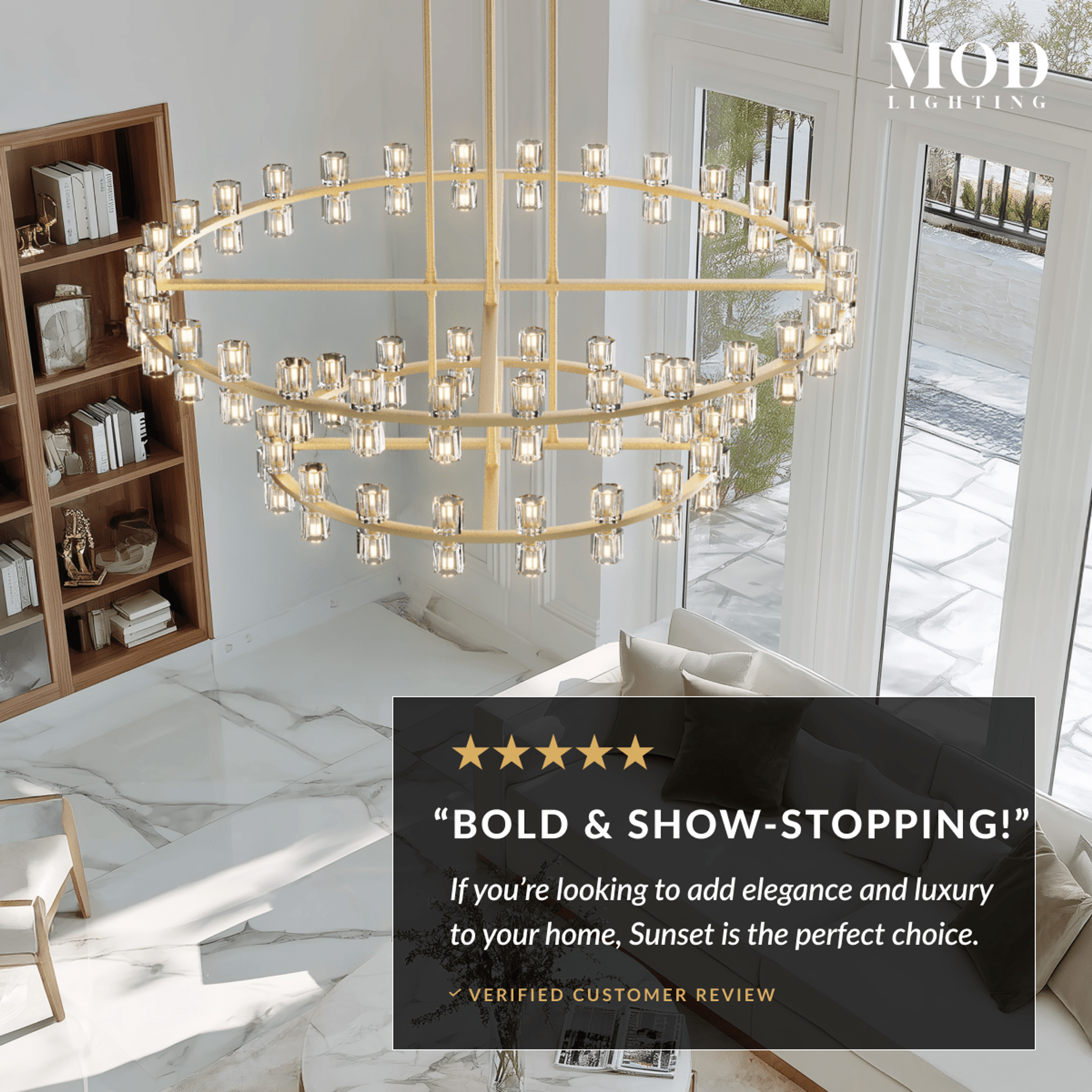 Sunset brass chandelier with crystal shades, two-tiered ring form, in a bright two-story living room