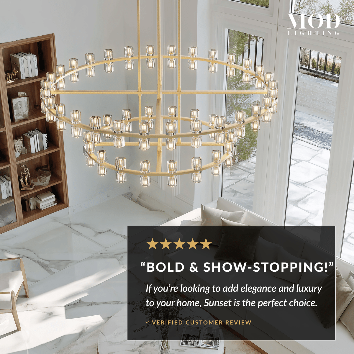 Sunset brass chandelier with crystal shades, two-tiered ring form, in a bright two-story living room