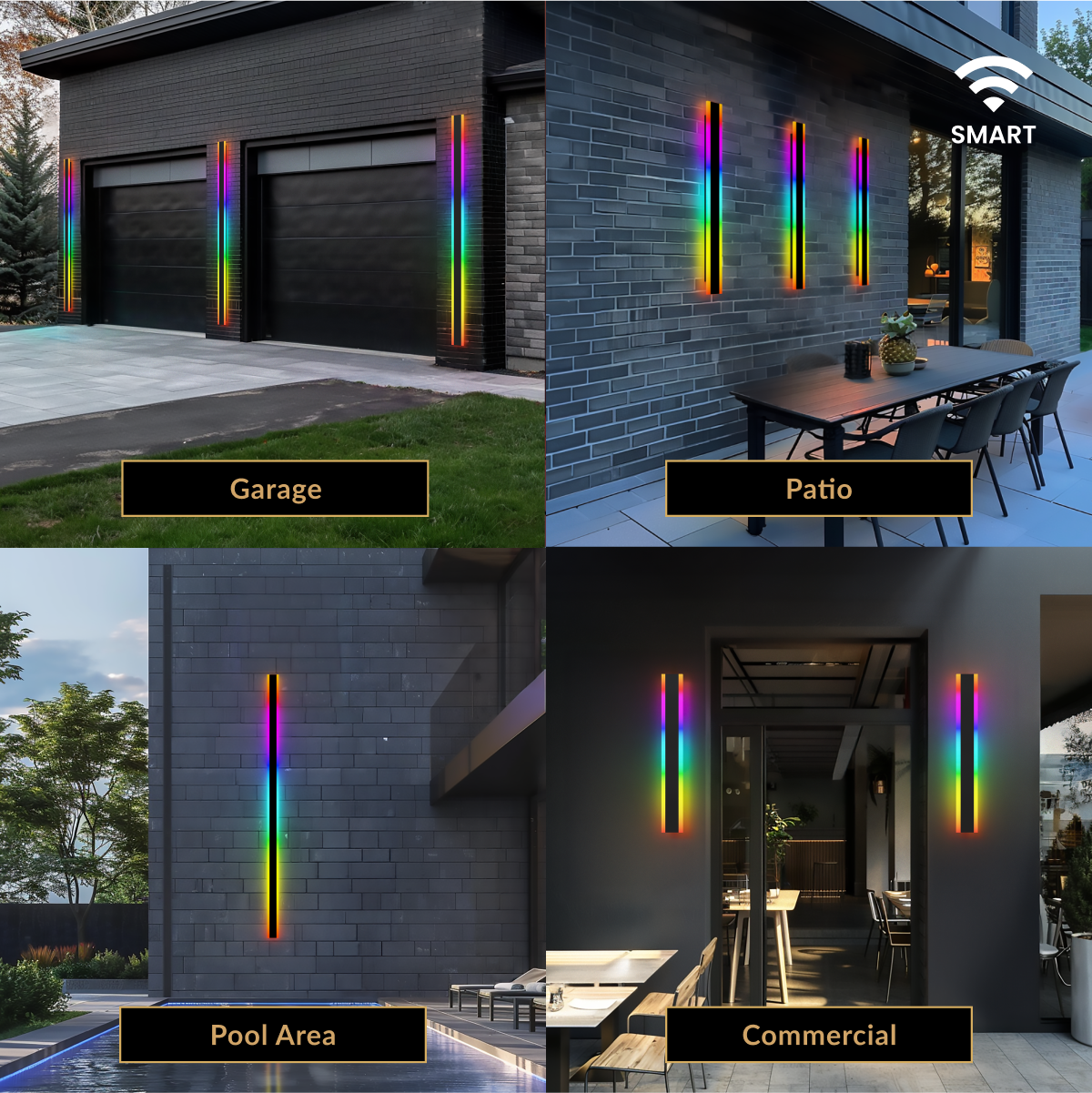 Haylen RGB LED bar lights glowing rainbow colors on a garage, patio, pool area and commercial facade