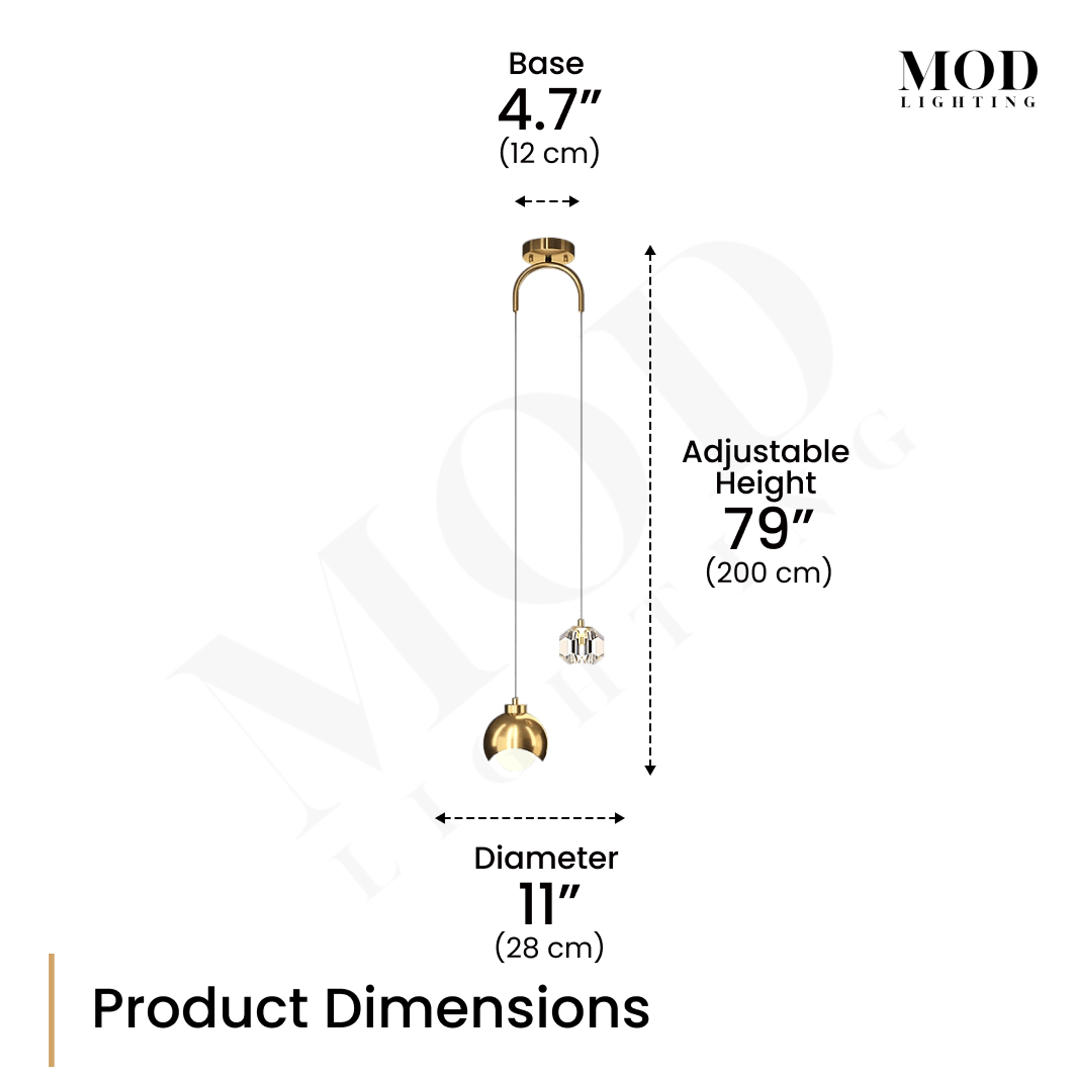 Diana gold globe pendant dimension diagram: 4.7" base, 11" diameter, 79" adjustable height