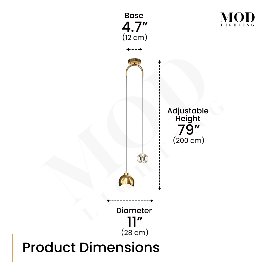 Diana gold globe pendant dimension diagram: 4.7" base, 11" diameter, 79" adjustable height