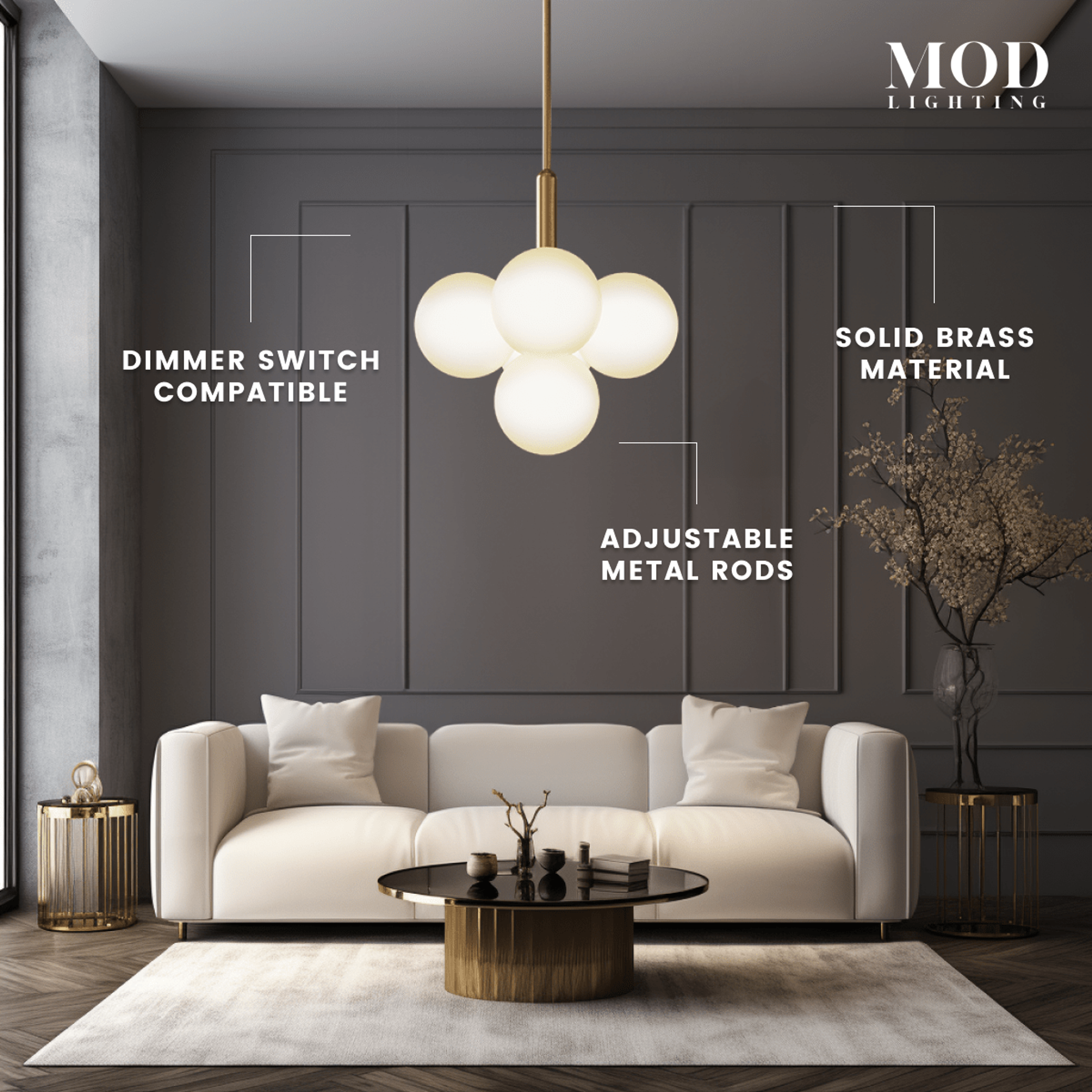 Angelica gold pendant, four white opal-glass globes on an adjustable brass rod, over a living-room sofa