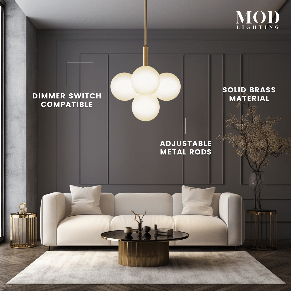 Angelica gold pendant, four white opal-glass globes on an adjustable brass rod, over a living-room sofa