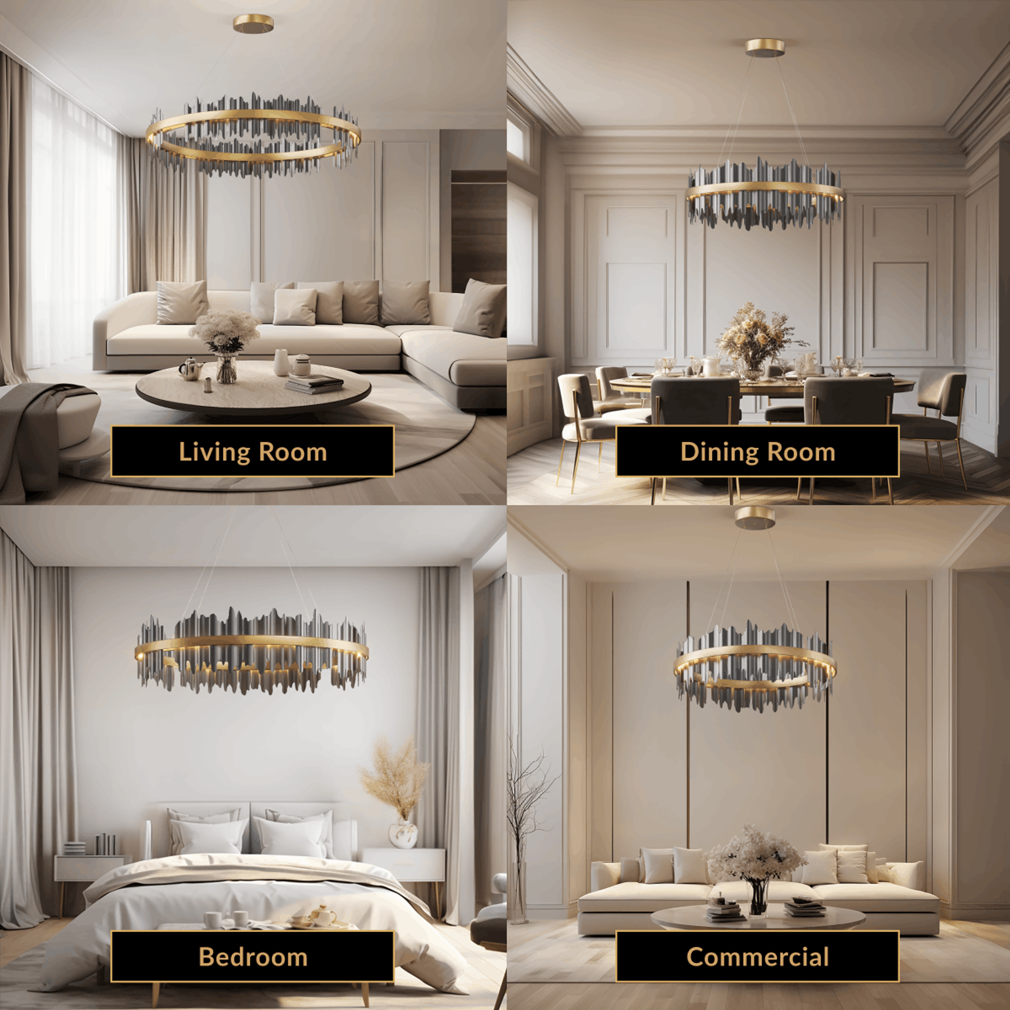 Aurelius chandelier, oval tiered ring of gold crystal fringe suspended over a living, dining and bedroom