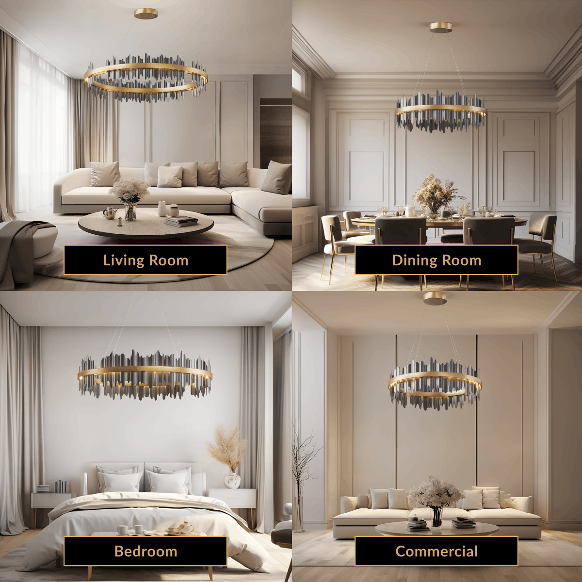 Aurelius chandelier, oval tiered ring of gold crystal fringe suspended over a living, dining and bedroom