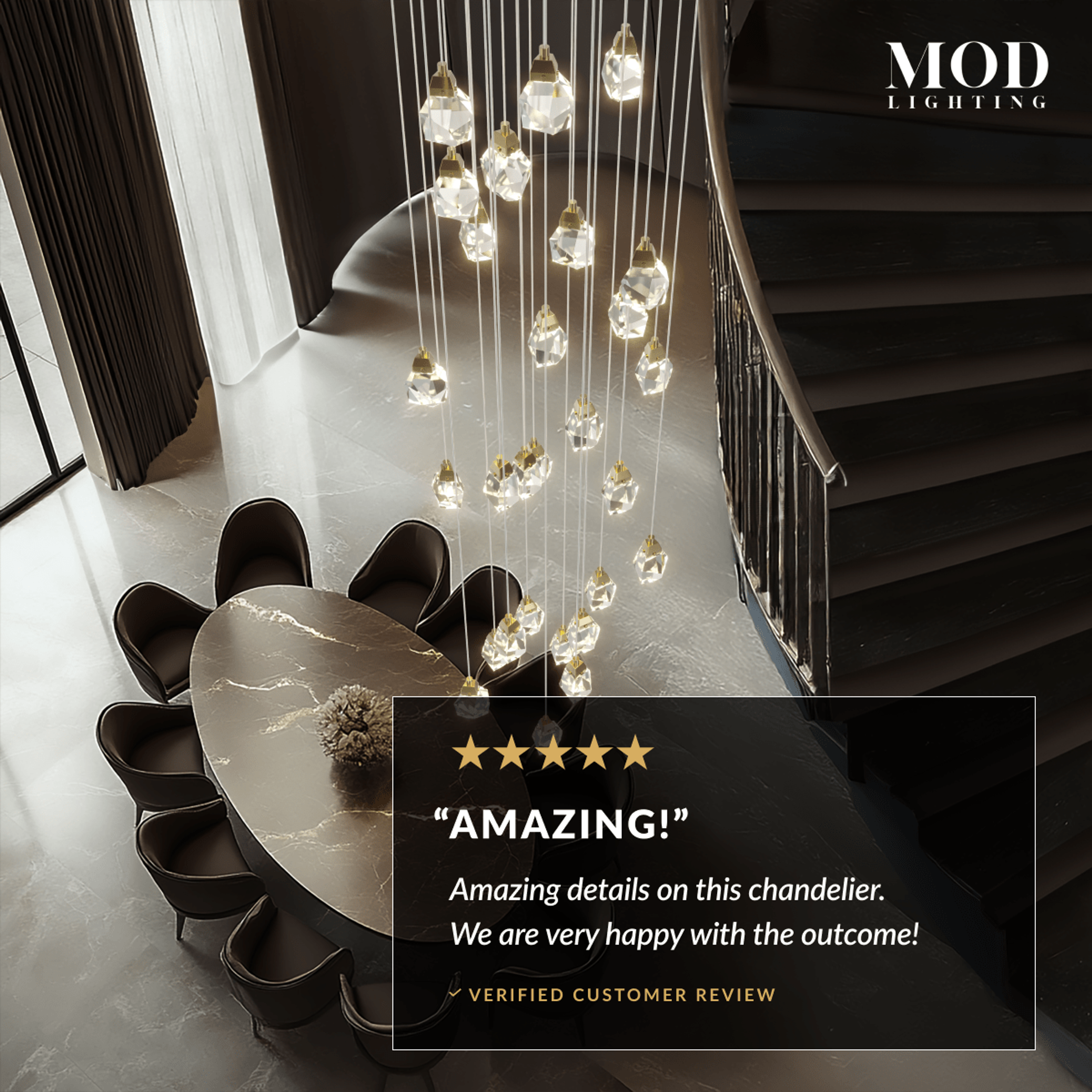 Hailstone cascading crystal-drop chandelier over a round dining table in a stairwell, customer review overlay