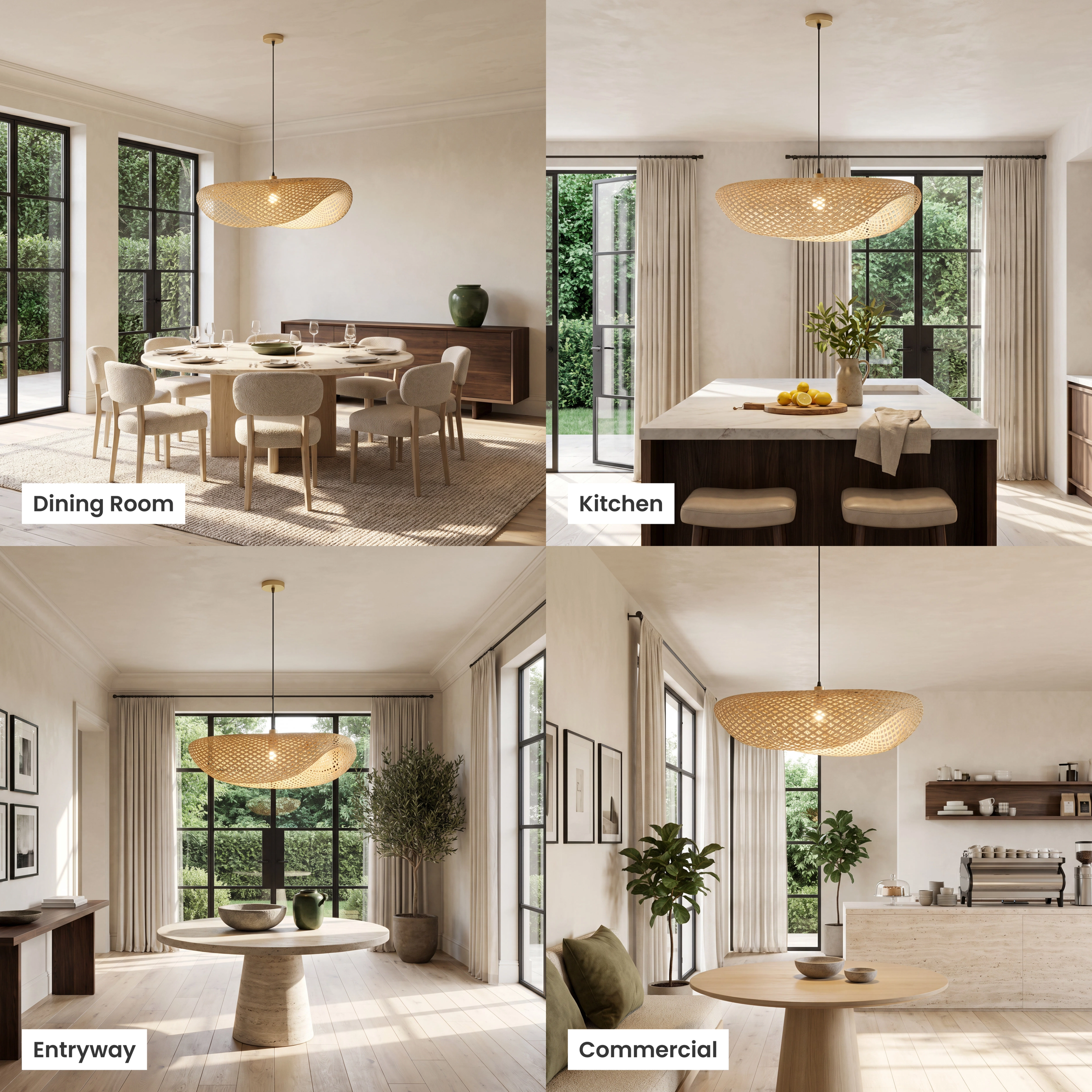 Liora woven bamboo pendant, wide draped organic disc, shown over a living room, dining, bedroom and cafe