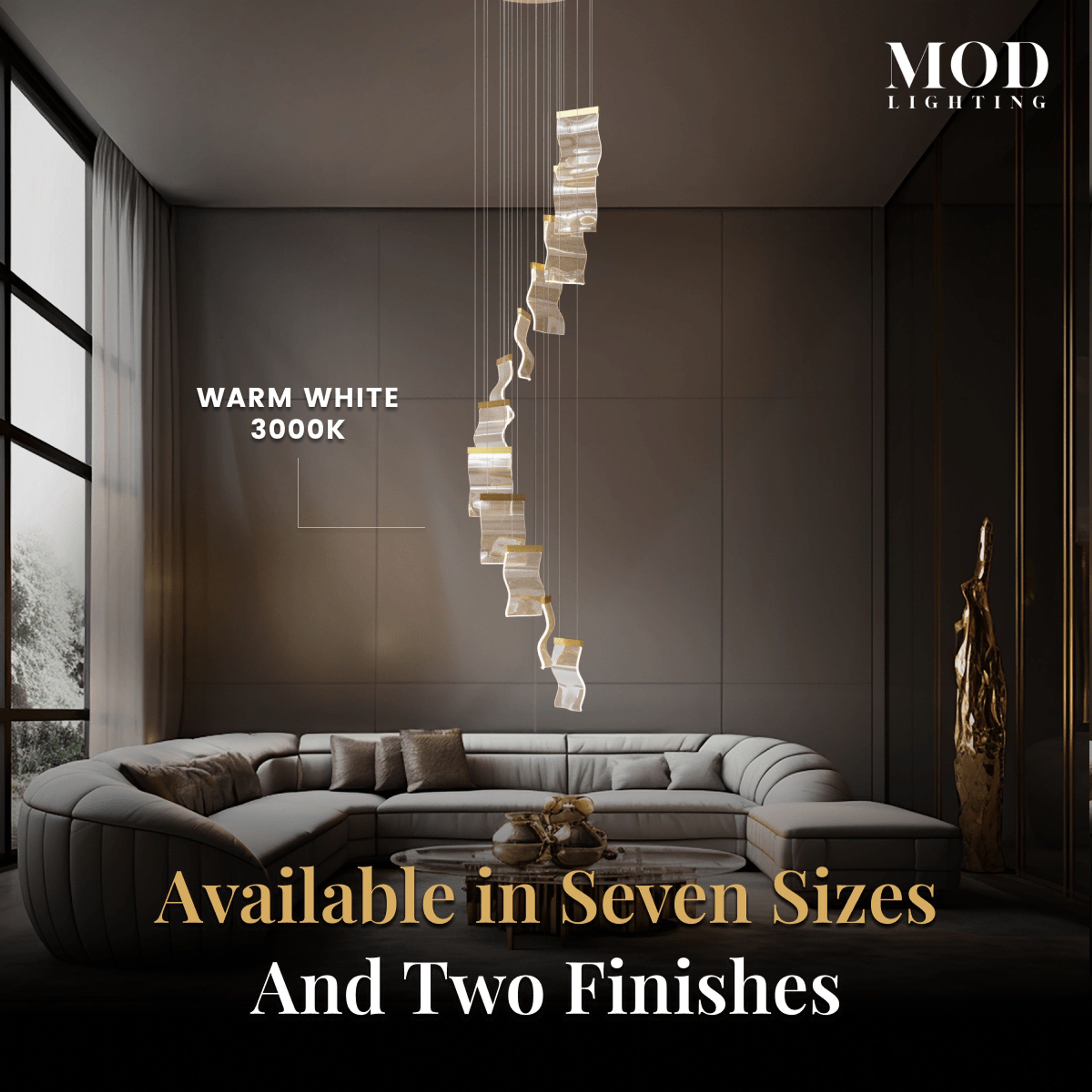 Helia chandelier of wavy ribbed glass panels down a staircase, seven sizes and two finishes available