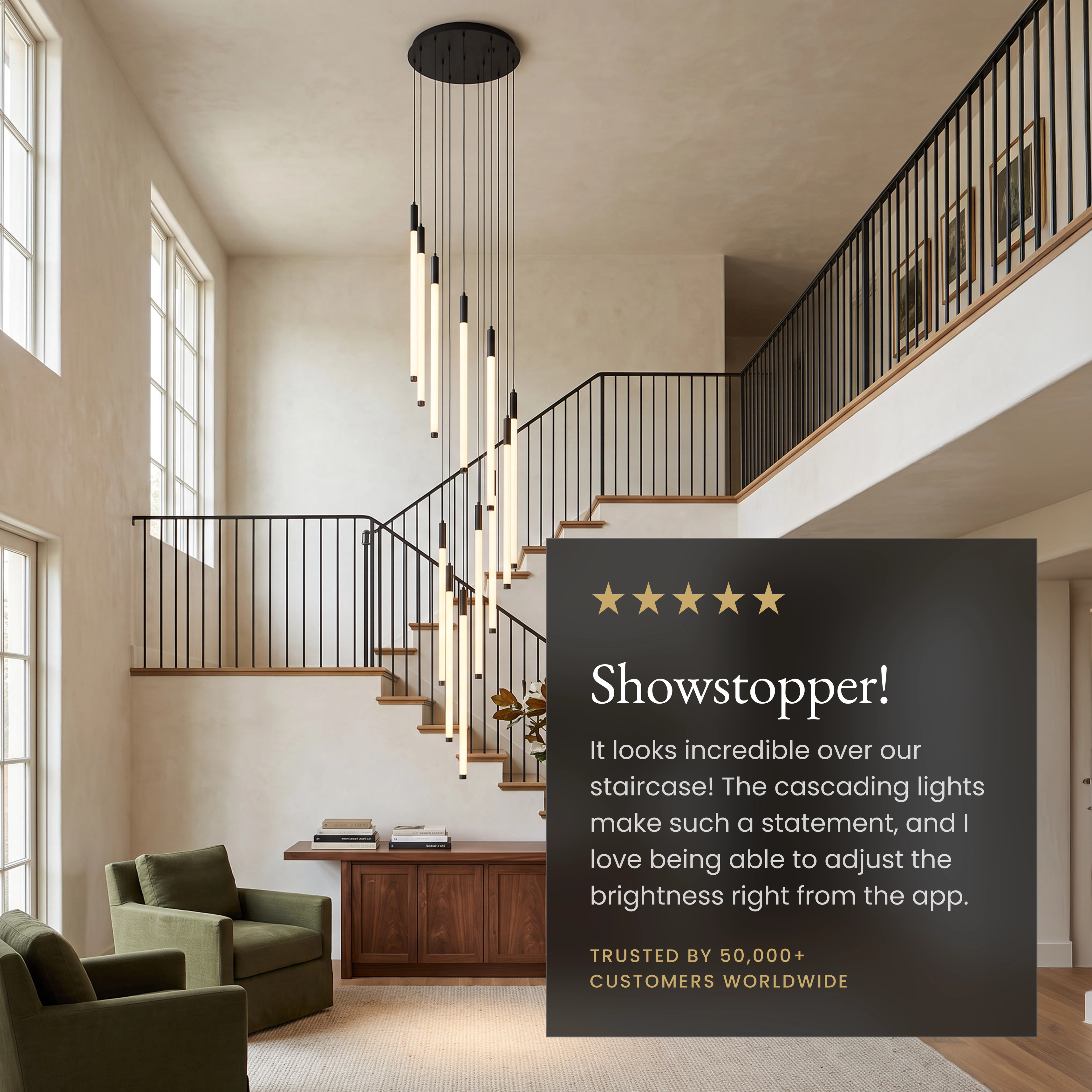 Kasper Smart chandelier in a two-storey living room with a five-star customer review