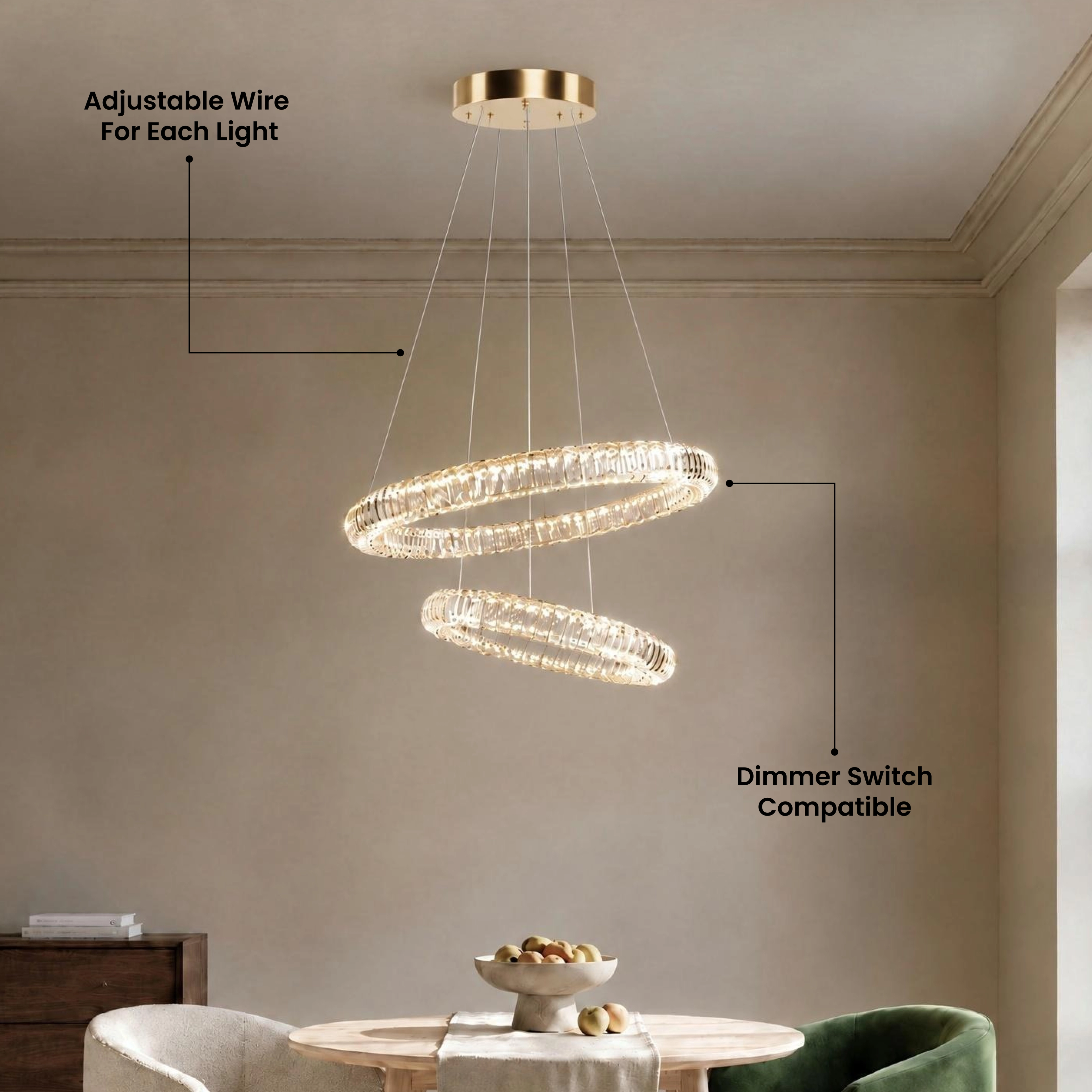Janice crystal ring chandelier in a living room beside a five-star premium quality customer review