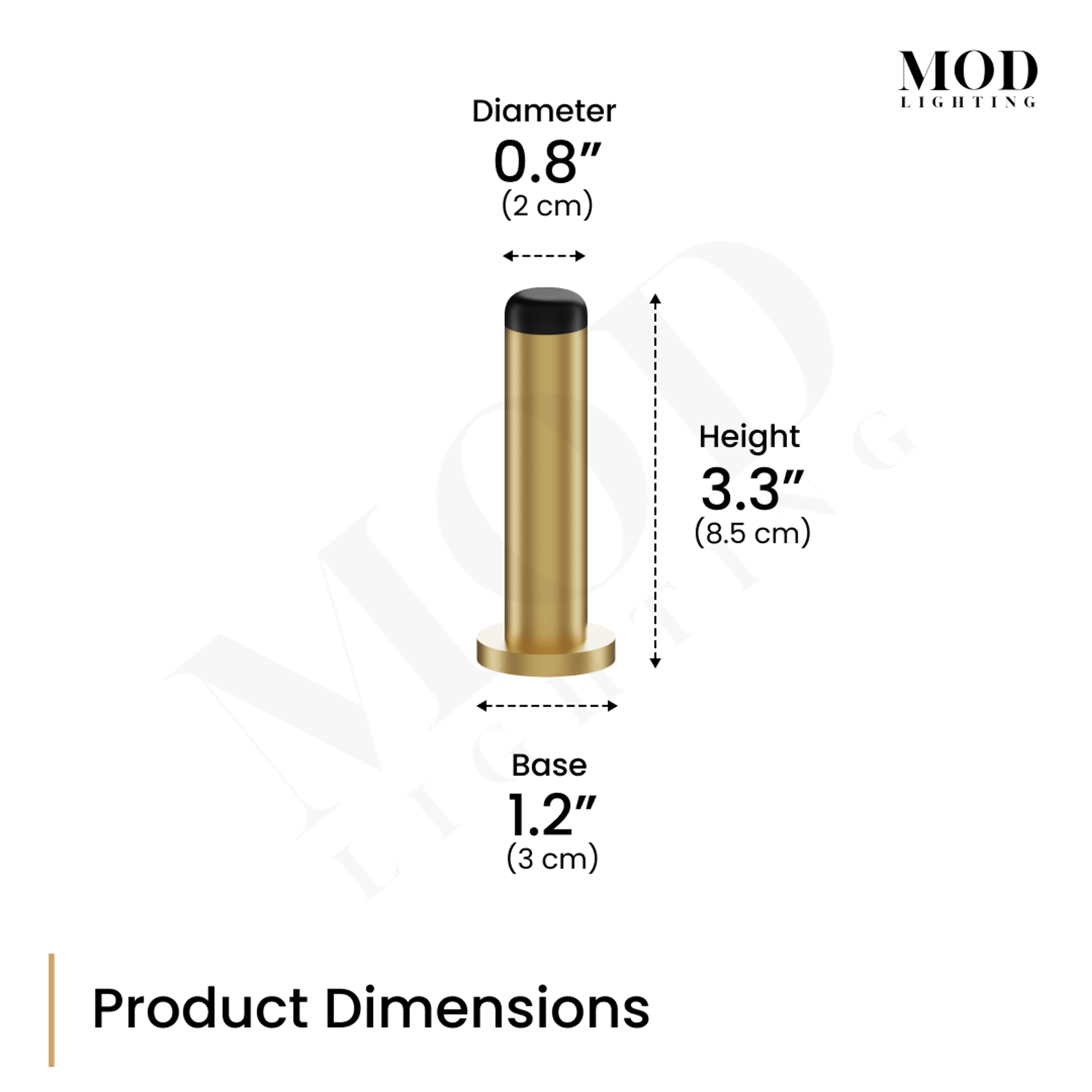 Aro brushed-gold door stop dimension diagram: 3.3 in height, 0.8 in diameter, 1.2 in base