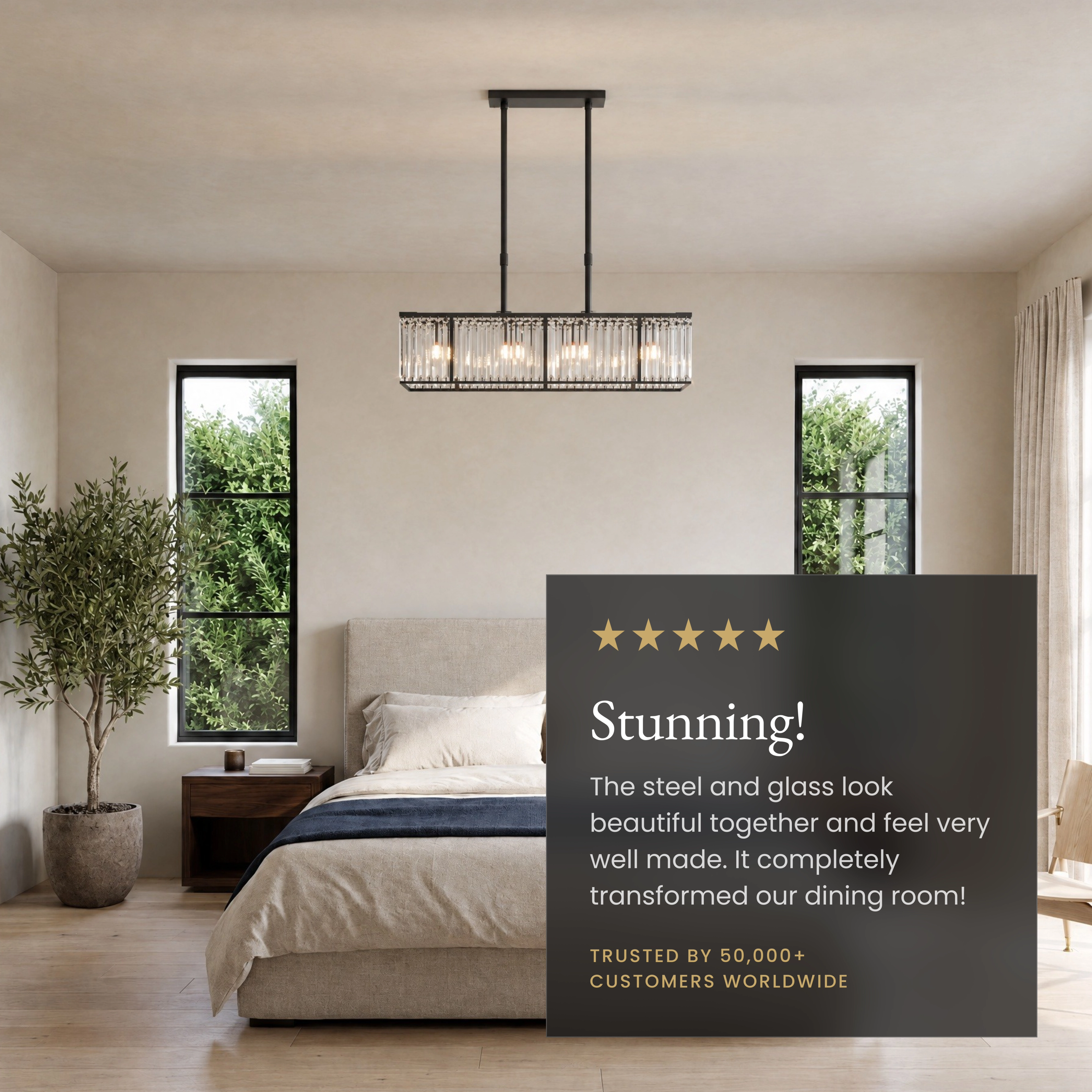 Gabriella black rectangular crystal-bar chandelier over a dining table, with feature callouts for its parts