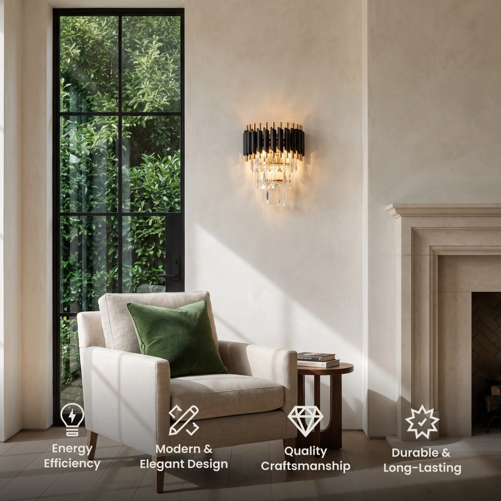 Onyx Sconces, pair of tiered crystal wall sconces flanking artwork in a formal dining room