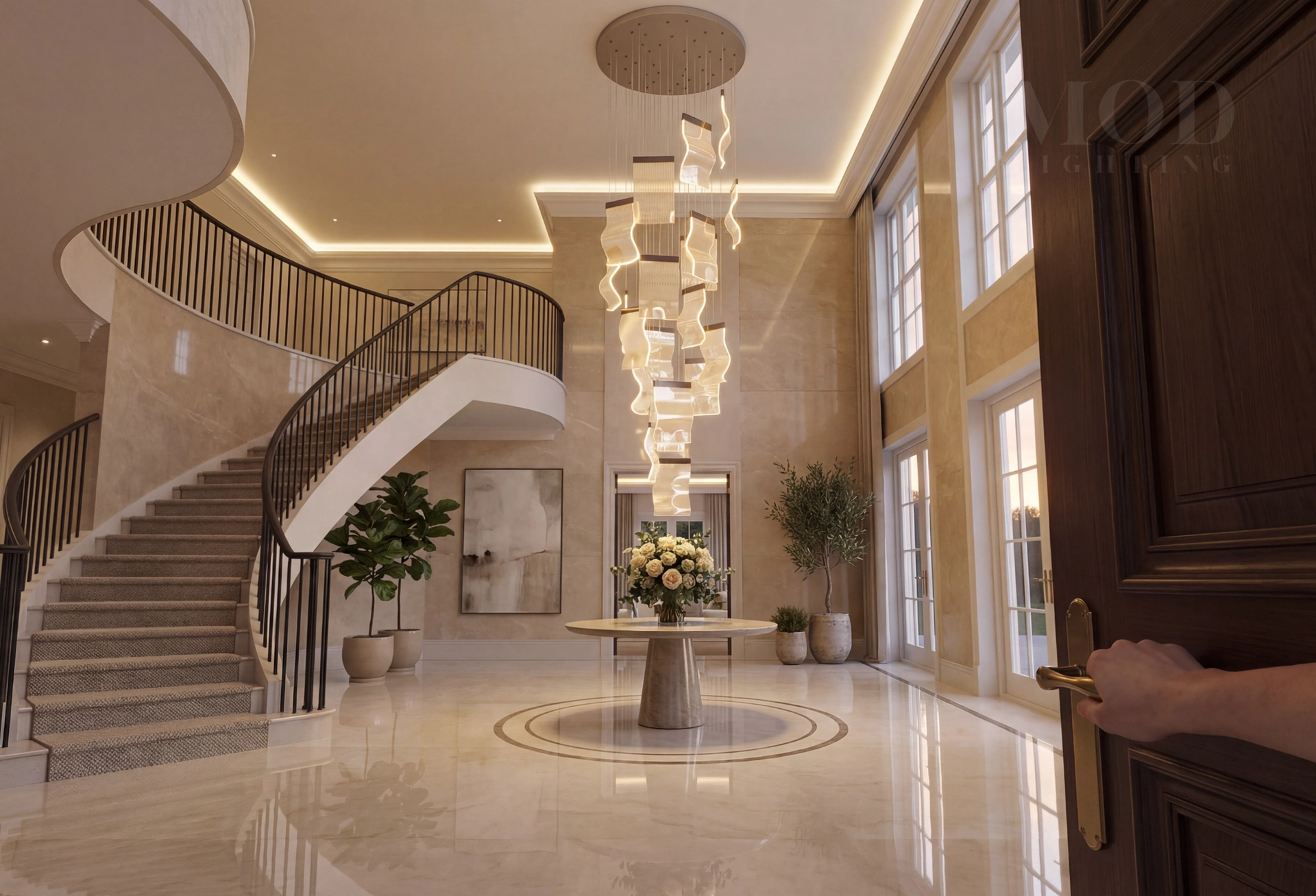View from doorway of a warm beautifully lit modern entryway