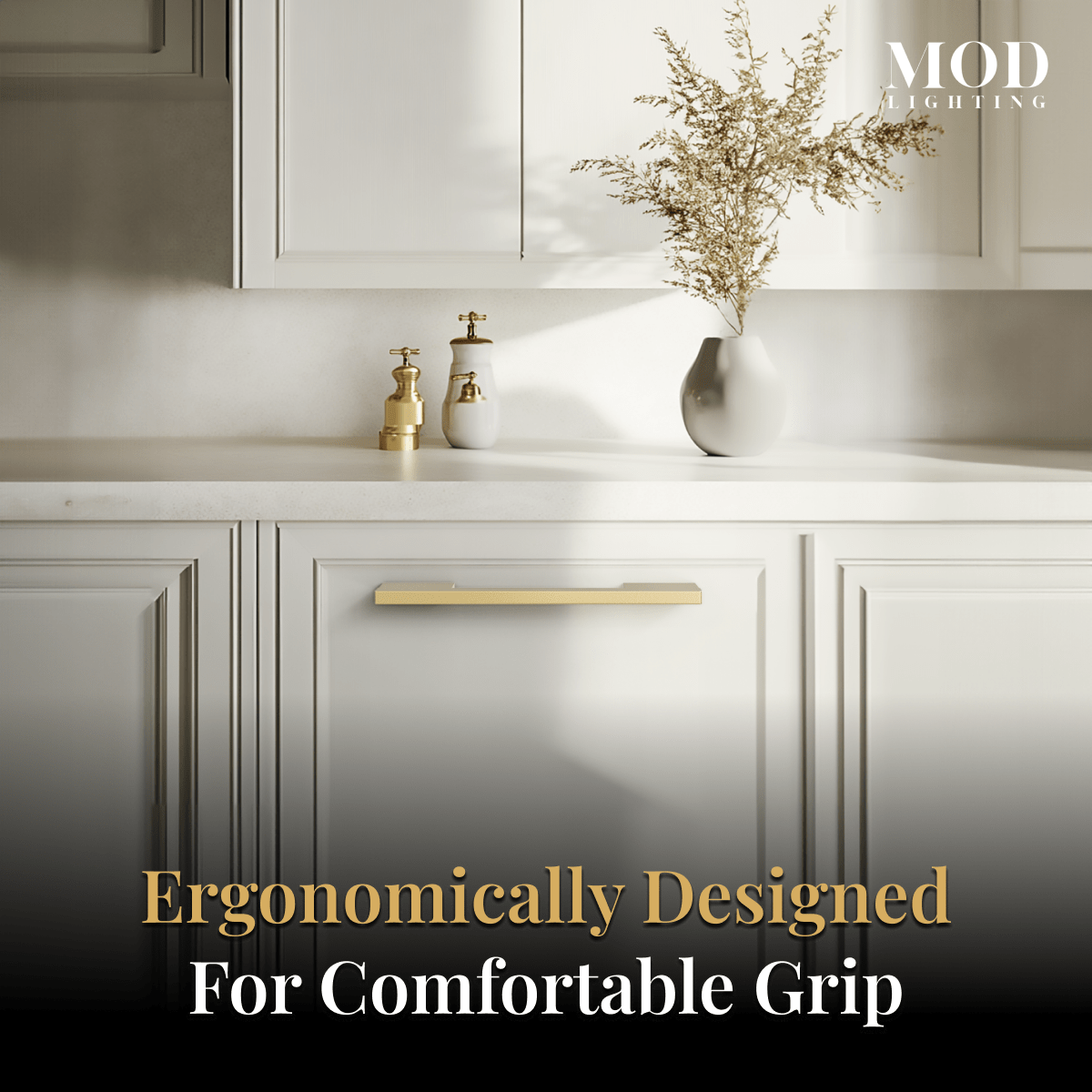 Maddison brushed-gold cabinet pull on a cream drawer front, captioned ergonomically designed for comfortable grip