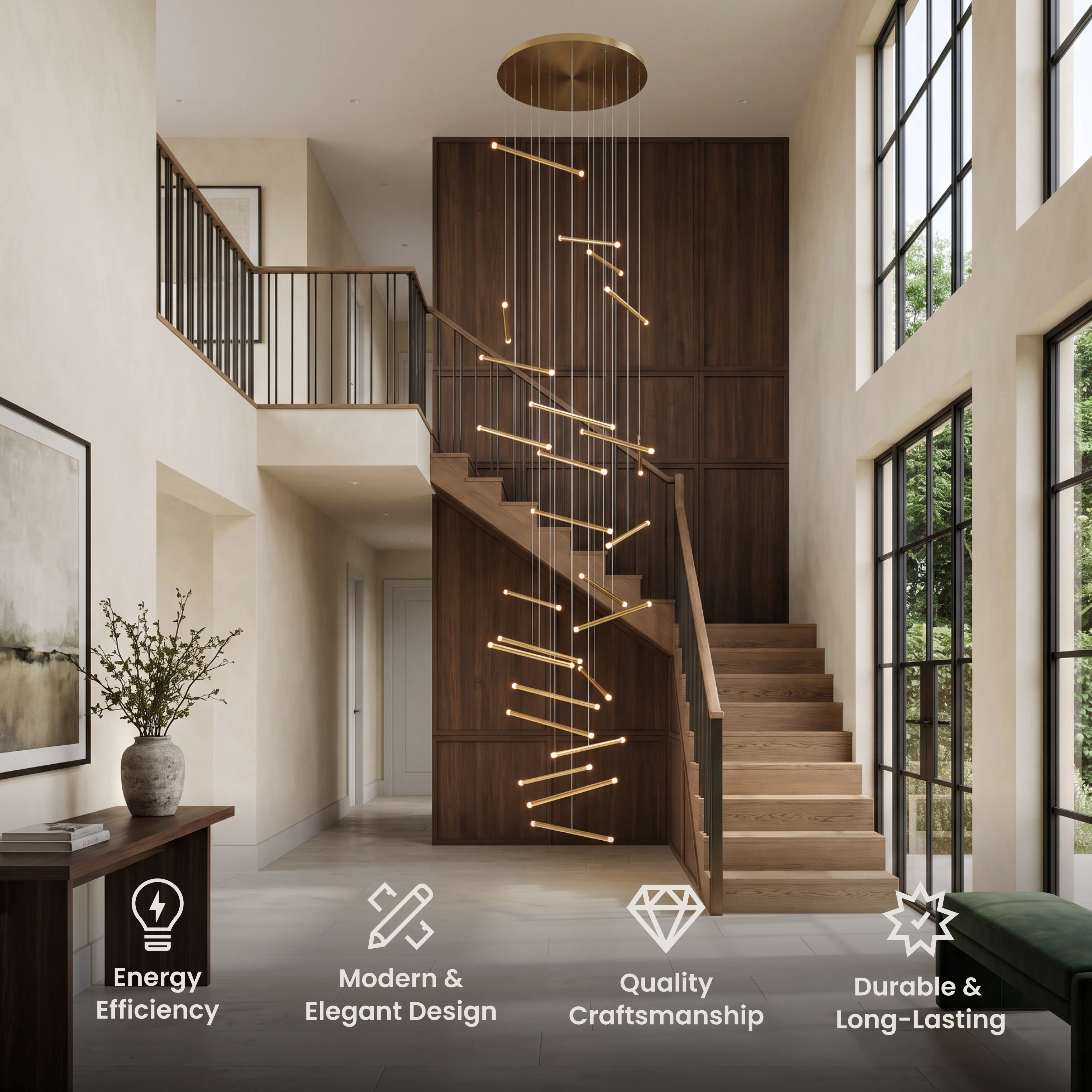 Freya gold spiral staircase chandelier with vertical LED rods in a blue paneled stairwell