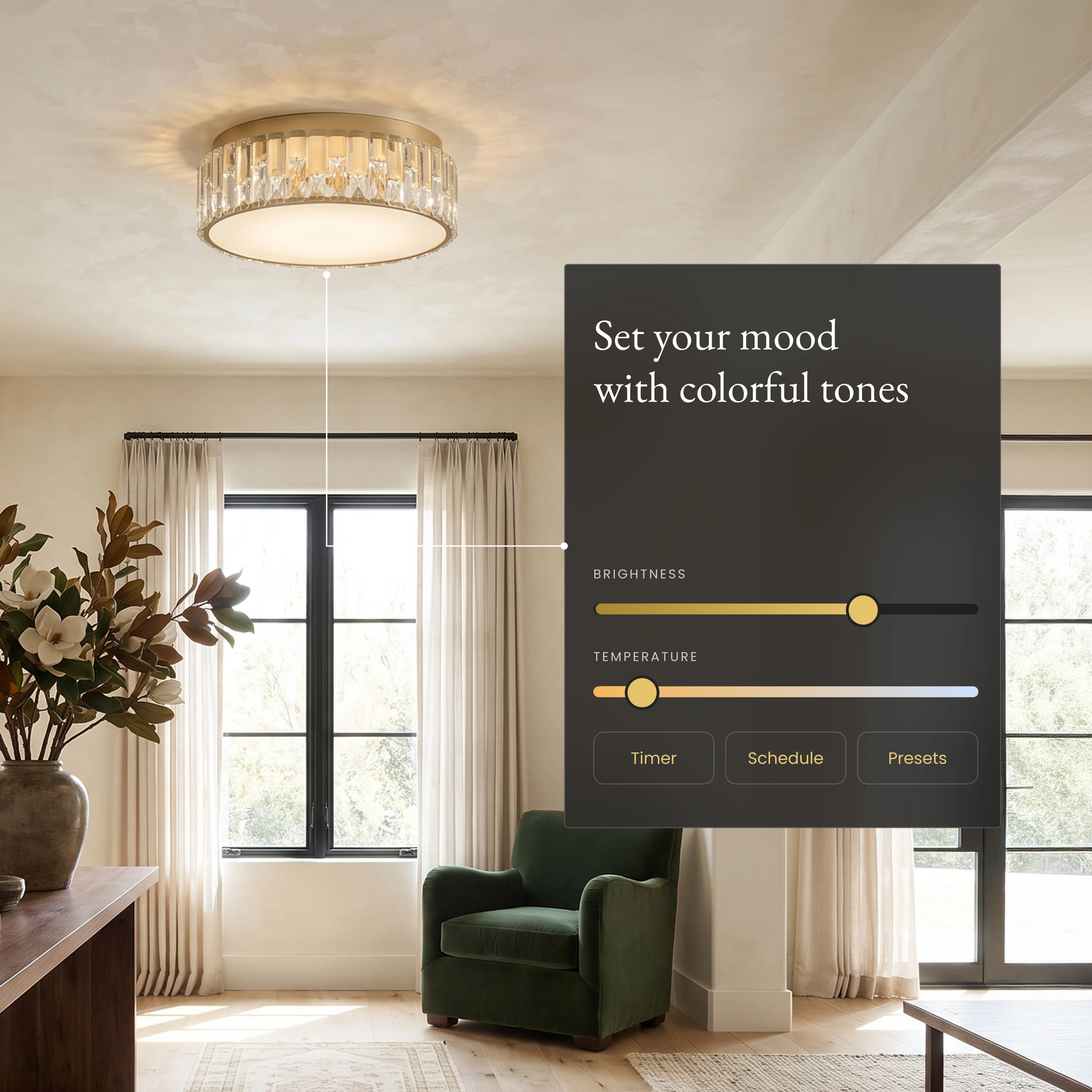 Elara Smart crystal flush mount ceiling light in a living room beside an app panel for brightness and color temperature