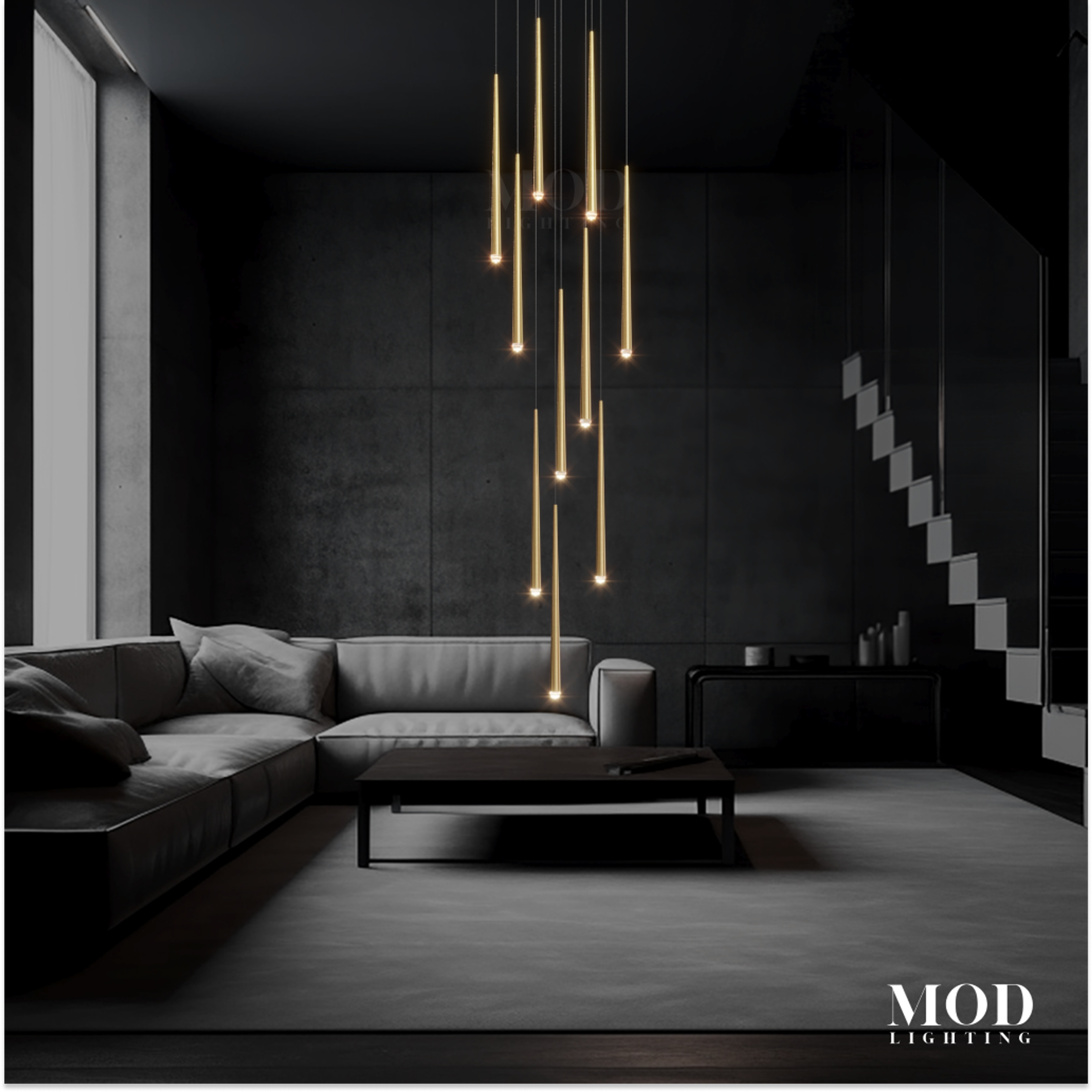 Jasper gold cascade pendant, slim vertical light rods, suspended in a dark modern living room