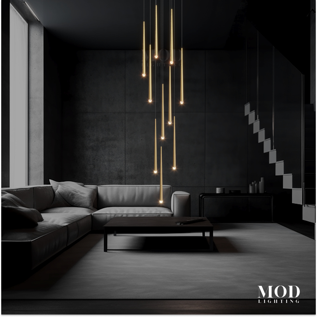 Jasper gold cascade pendant, slim vertical light rods, suspended in a dark modern living room