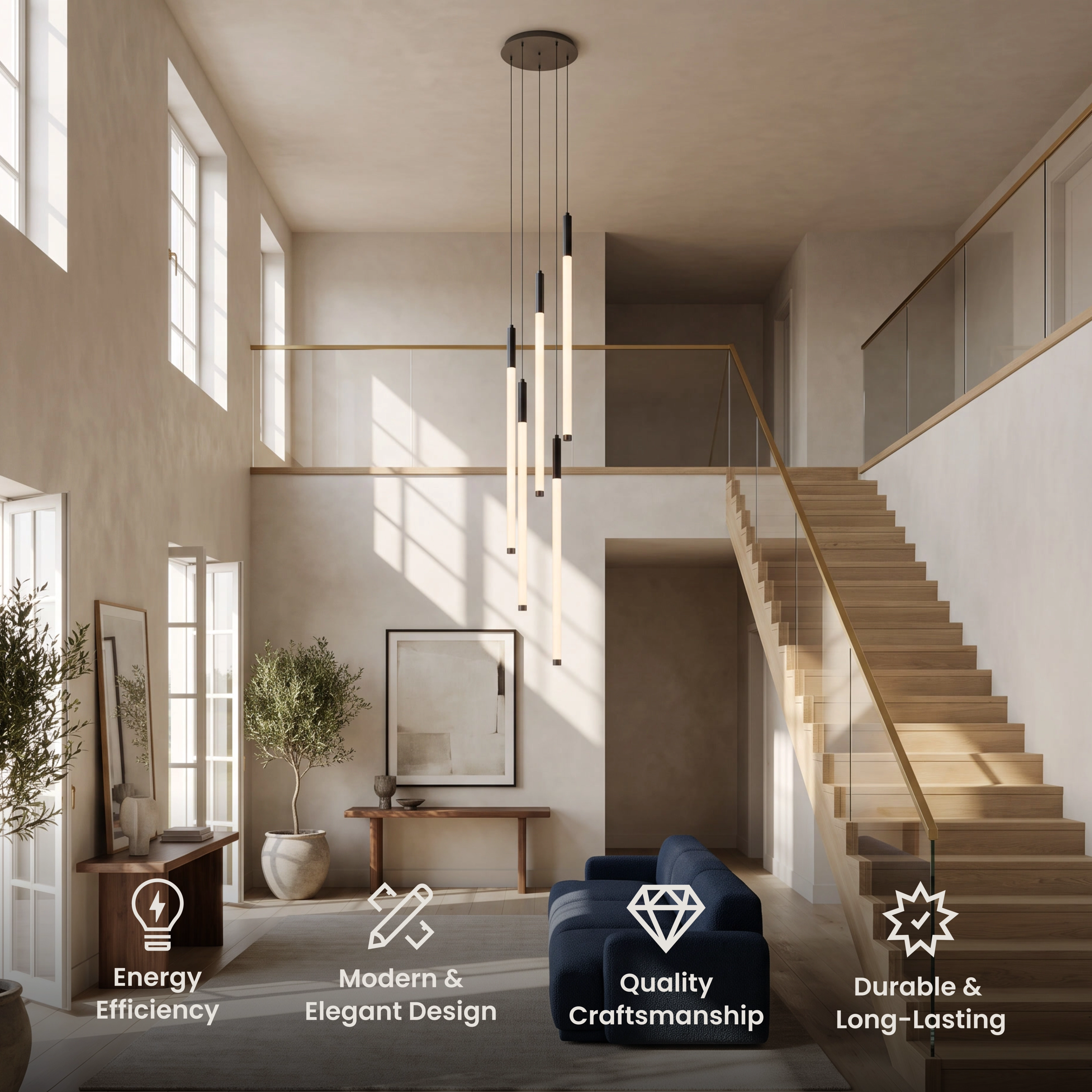 Kasper Smart cascading black pendant chandelier in a double-height stairwell, with feature icons