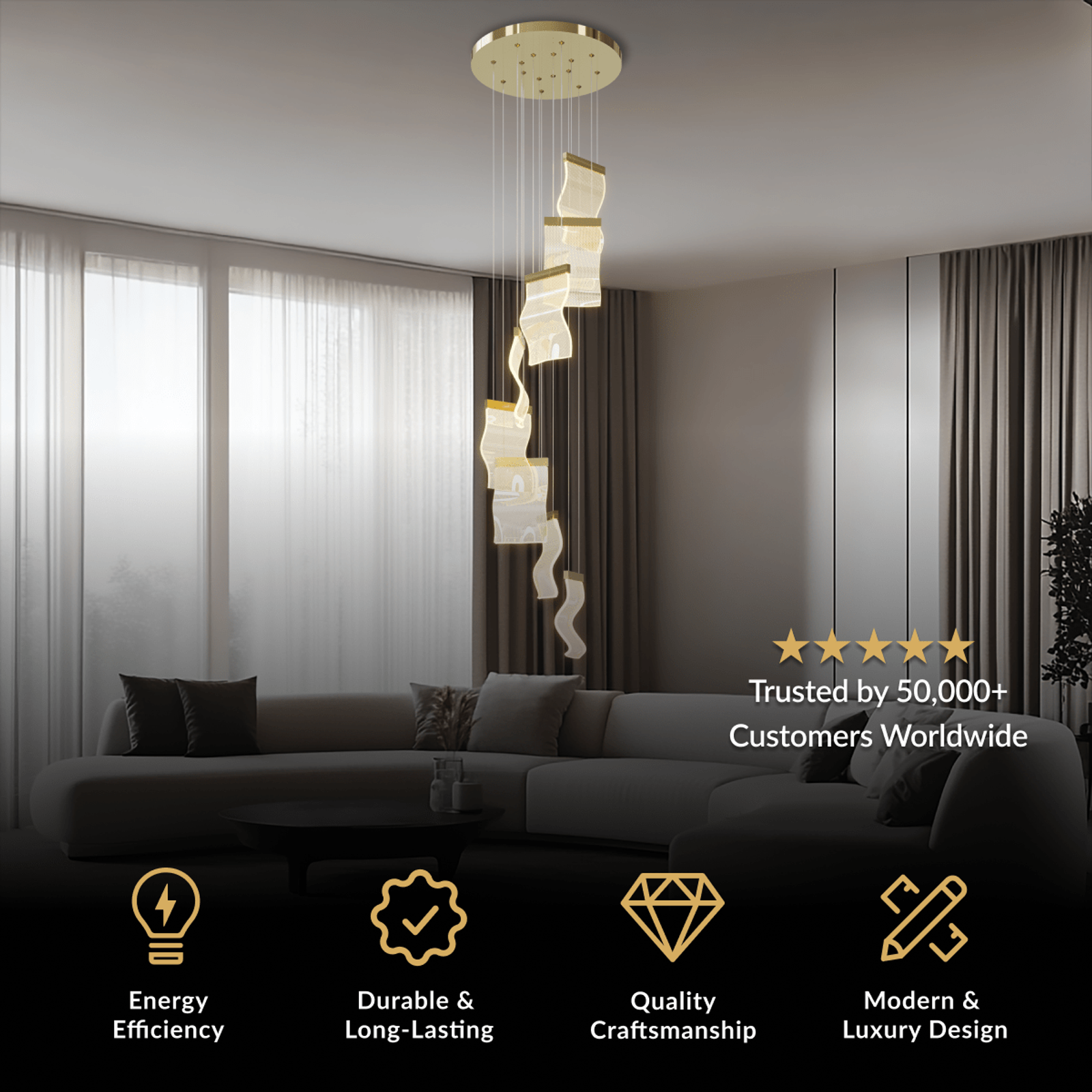 Helia long cascading gold spiral chandelier suspended down a double-height living room