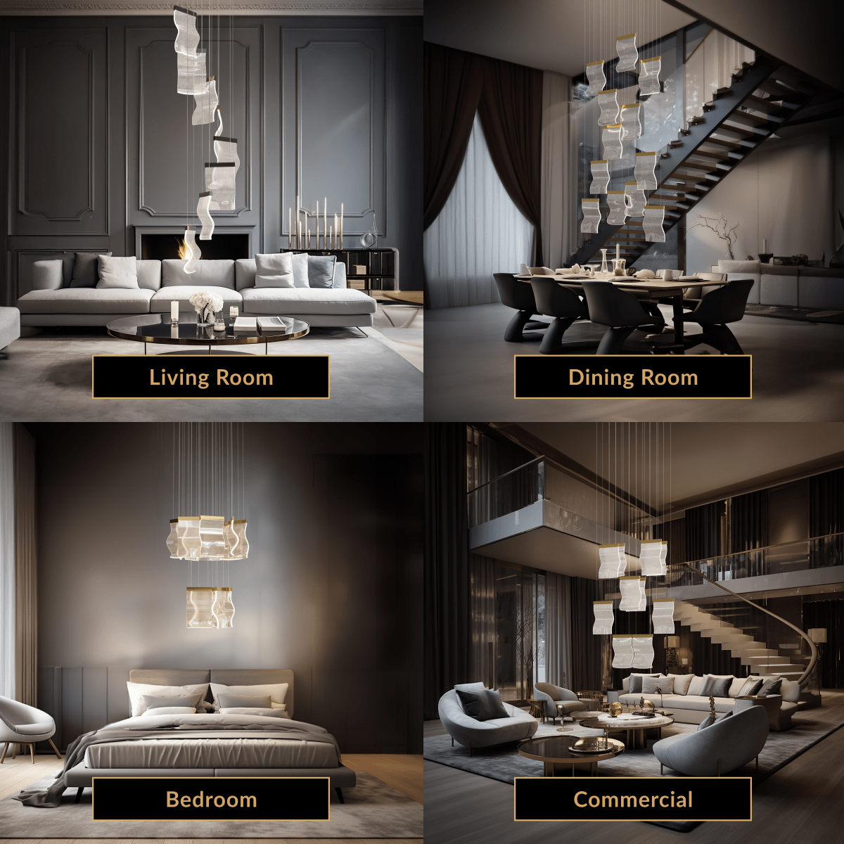 Helia chandelier, cascading staggered clear-crystal rectangles spiraling down a stairwell and living space