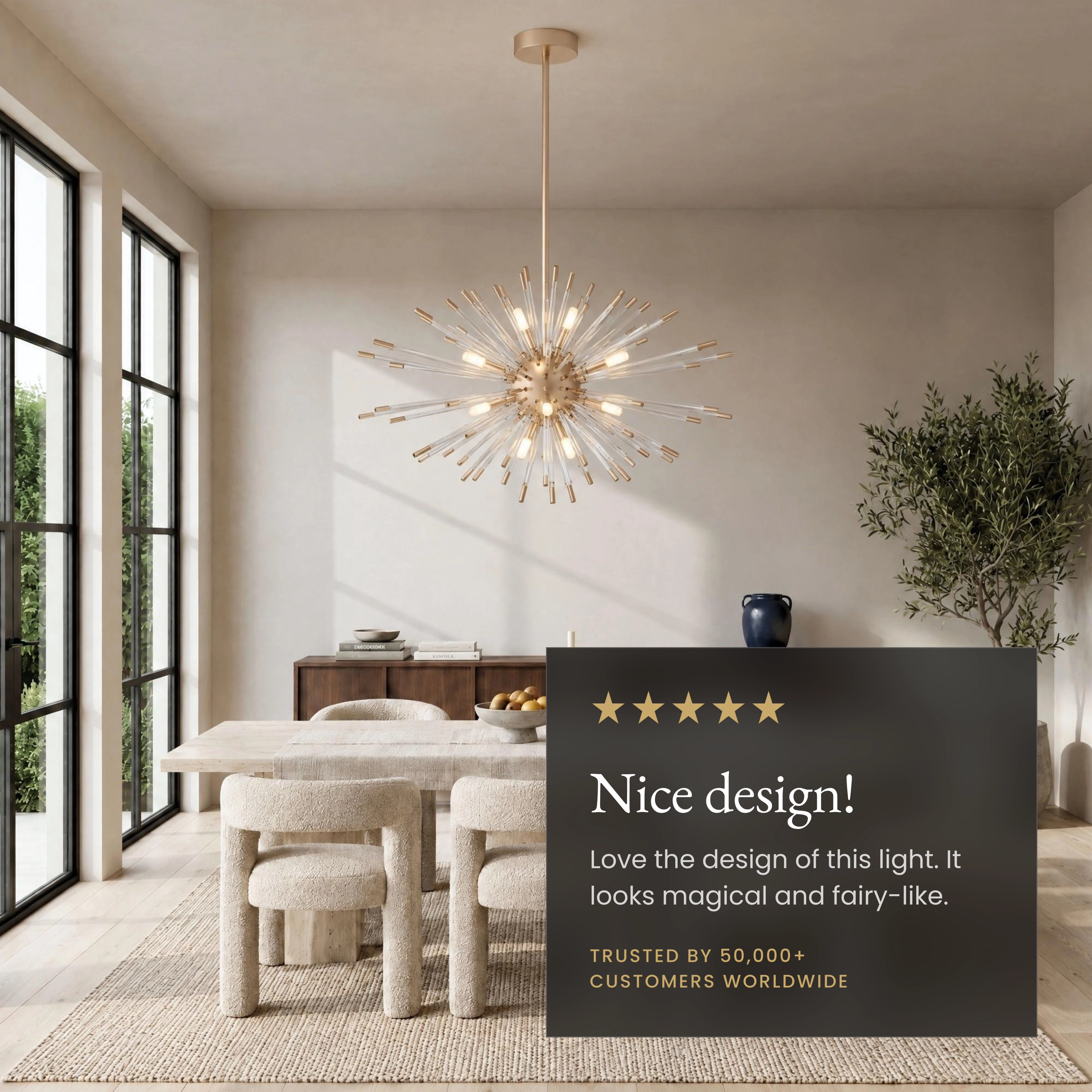 Pixie gold sputnik chandelier with glass-rod burst, feature callouts including circle and oval styles