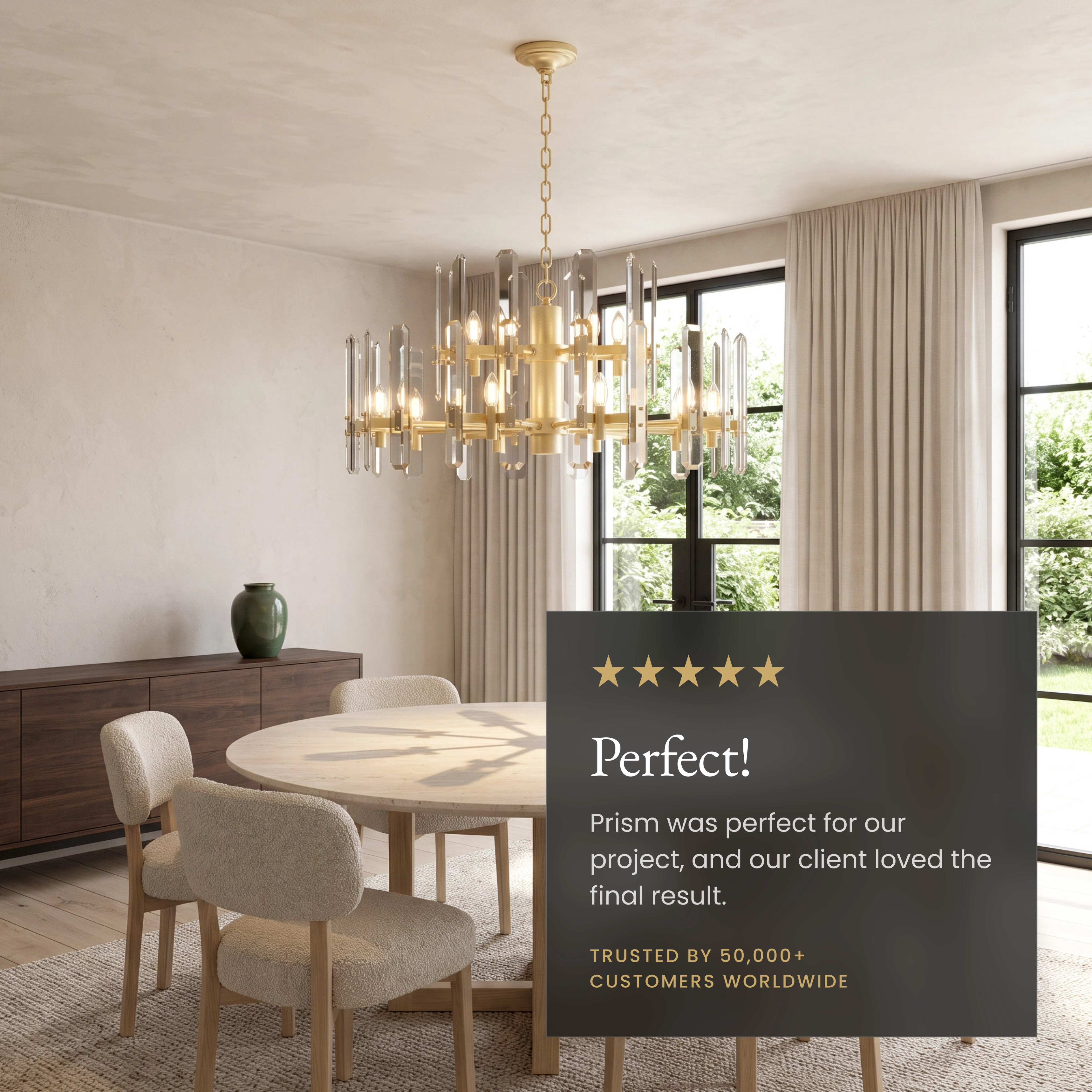 Prism brushed-gold drum chandelier with vertical faceted crystal bars in a sitting area, noting solid brass and dimmable