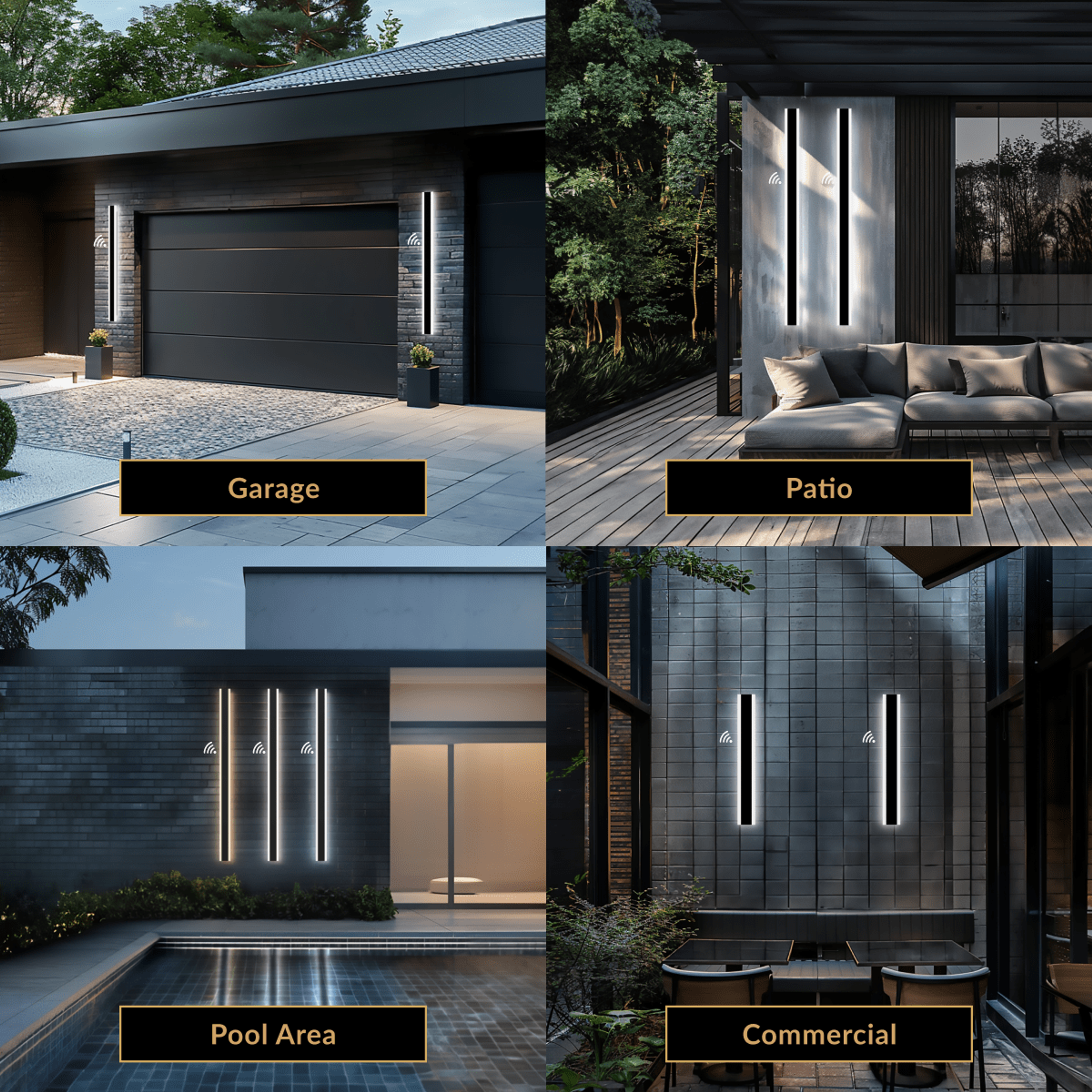 Haylen Sensor black LED bar wall lights shown on a garage, patio, pool area and commercial facade
