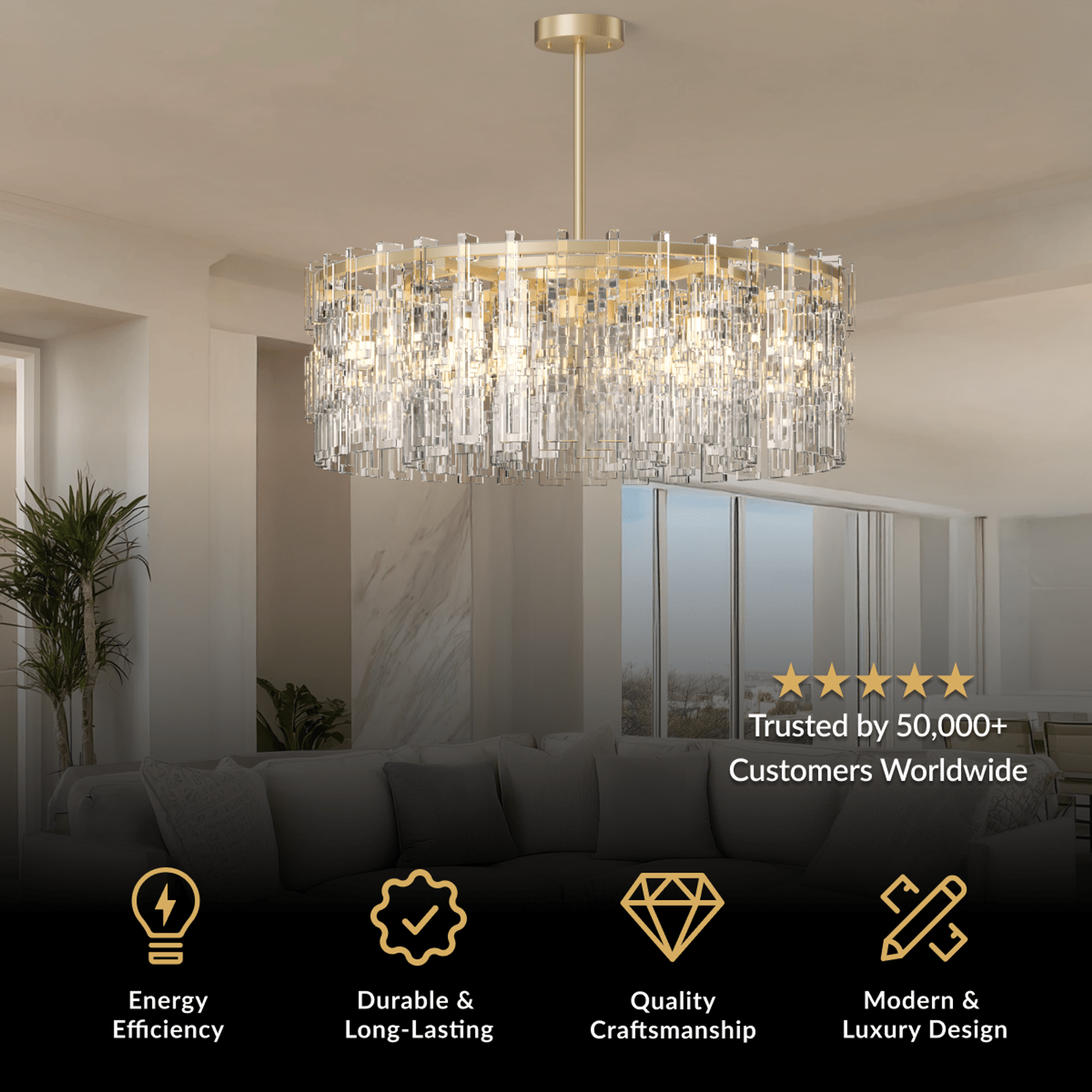 Radiance crystal chandelier, brushed gold oval frame with vertical crystal rods, above a sofa