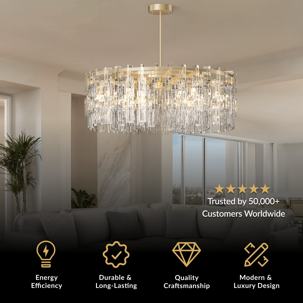 Radiance crystal chandelier, brushed gold oval frame with vertical crystal rods, above a sofa